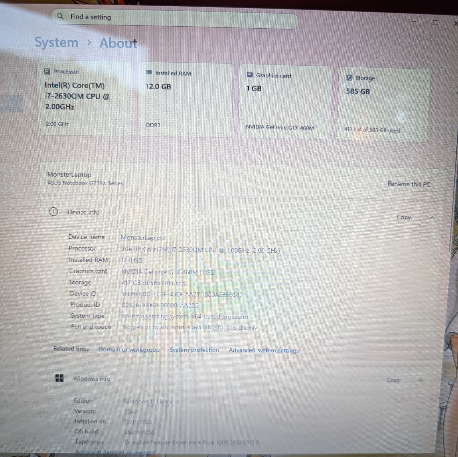 ASUS ROG G73SW Laptop i7-2630QM, 12GB, GTX 460M, SSD+HDD, Blu-Ray, Win 11
