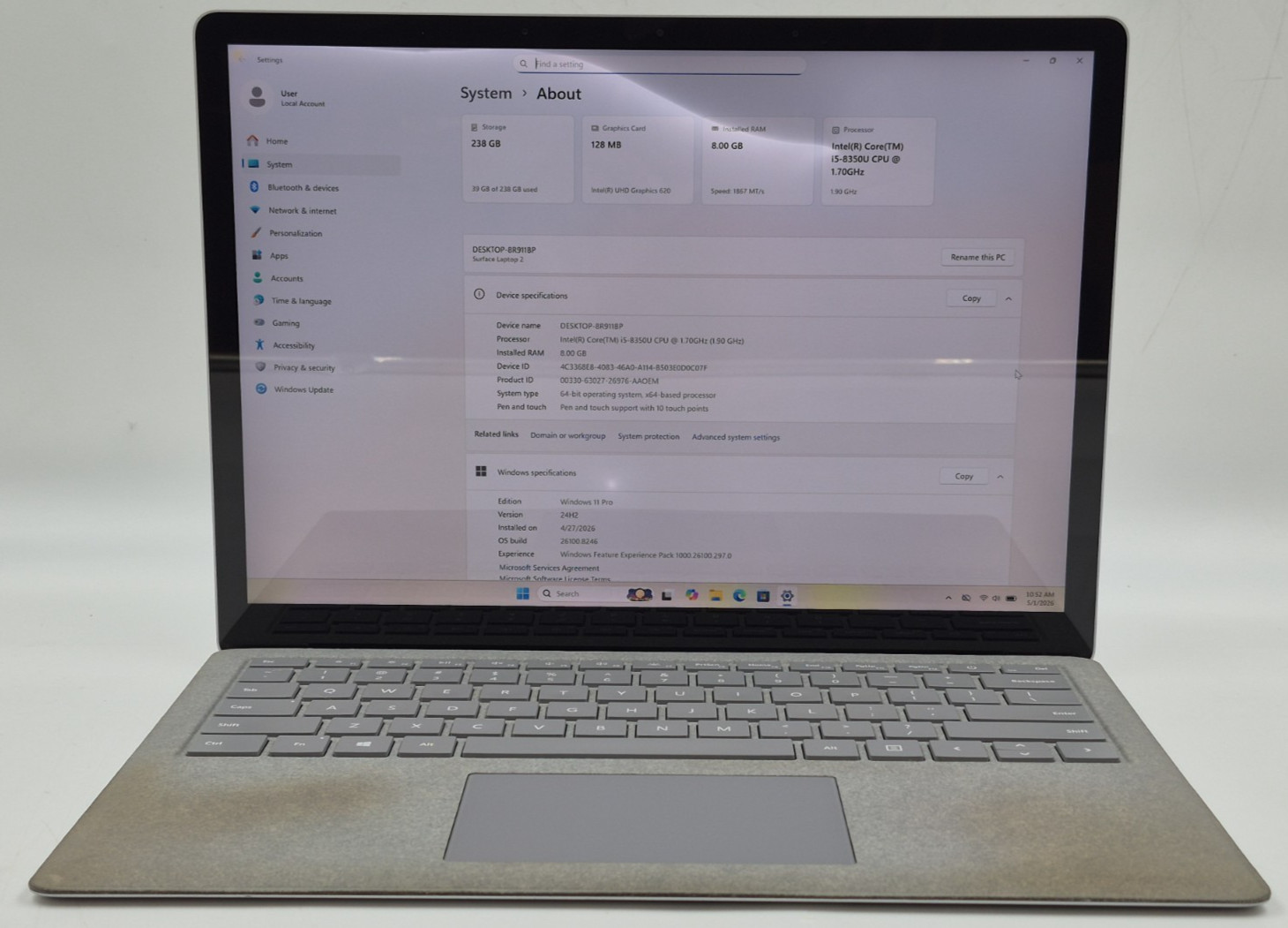 Microsoft Surface Laptop 2 i5-8350U 1.70GHz 8GB RAM 256GB NVMe SSD W11P