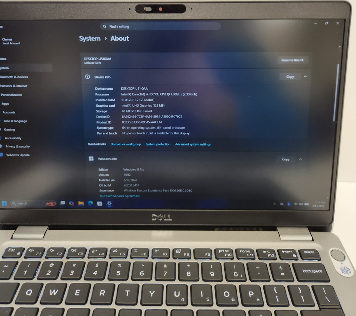 Dell Latitude 5310 Core i7-10610U, 16GB RAM, 256GB NVME Win11 PRO #0485