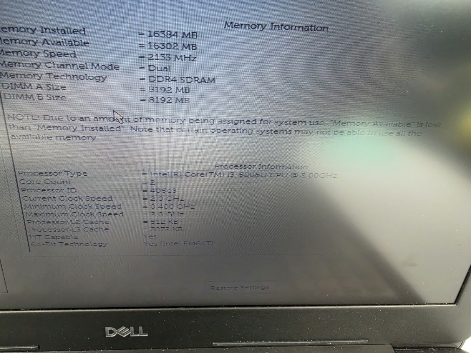 DELL LATITUDE 3590 Laptop I3-6006U 16GB RAM NO HDD