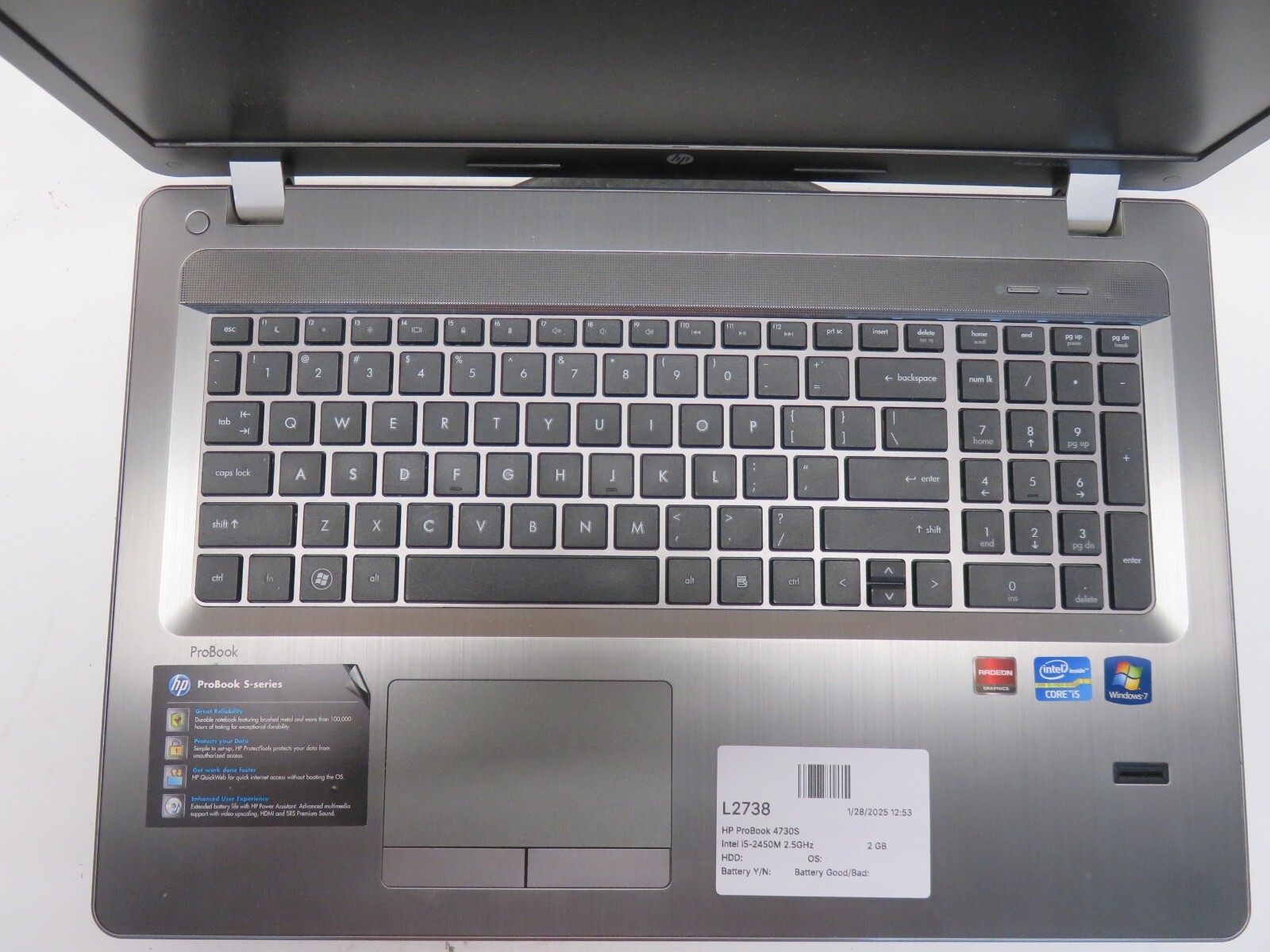 HP ProBook 4730S Intel i5-2450M 2.5GHz 2 GB NO HDD No Batt READ