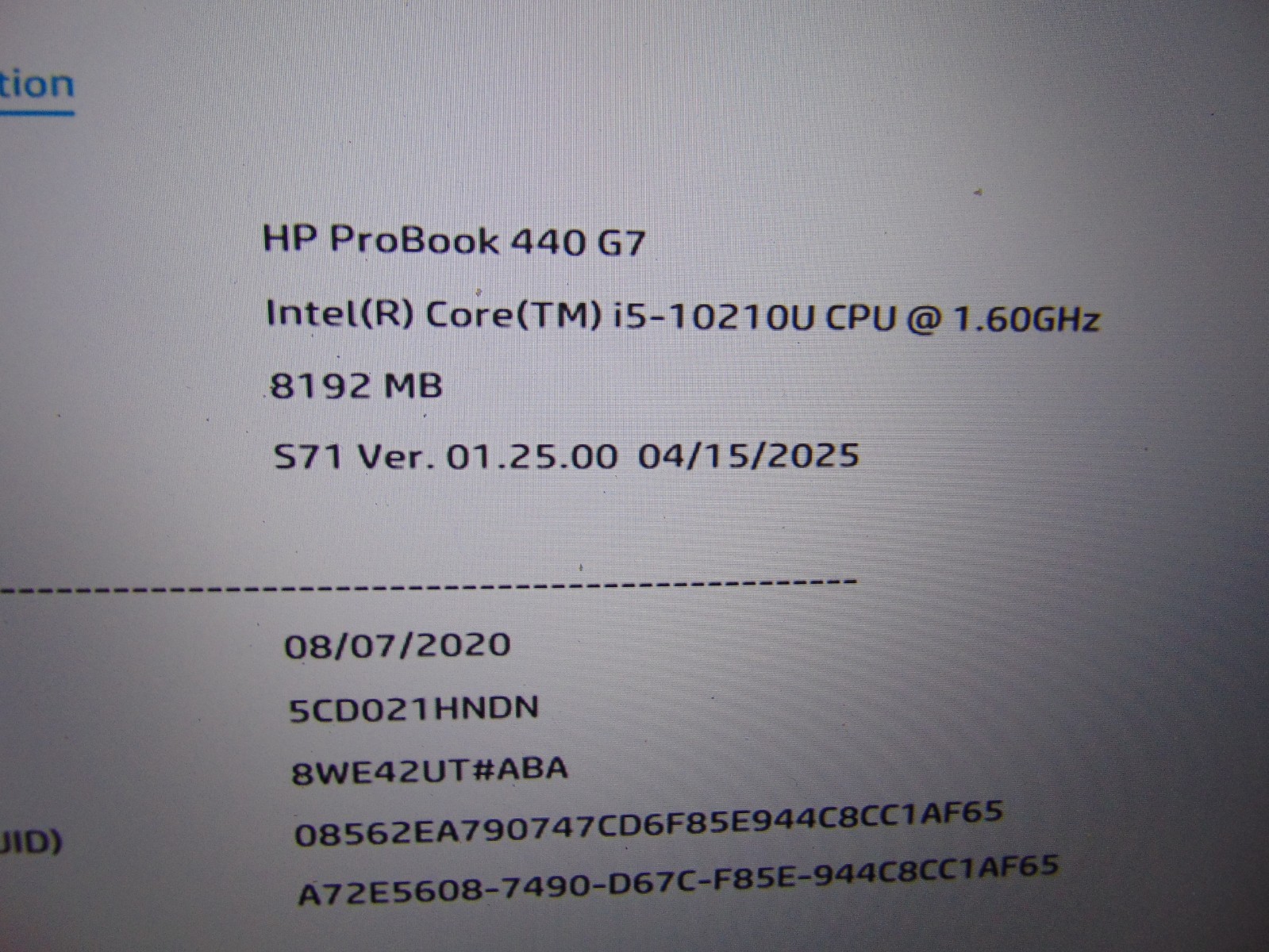 HP ProBook 440 G7 COR I5-10210U 1.6GHZ/ No Memory/SSD/OS/Charger