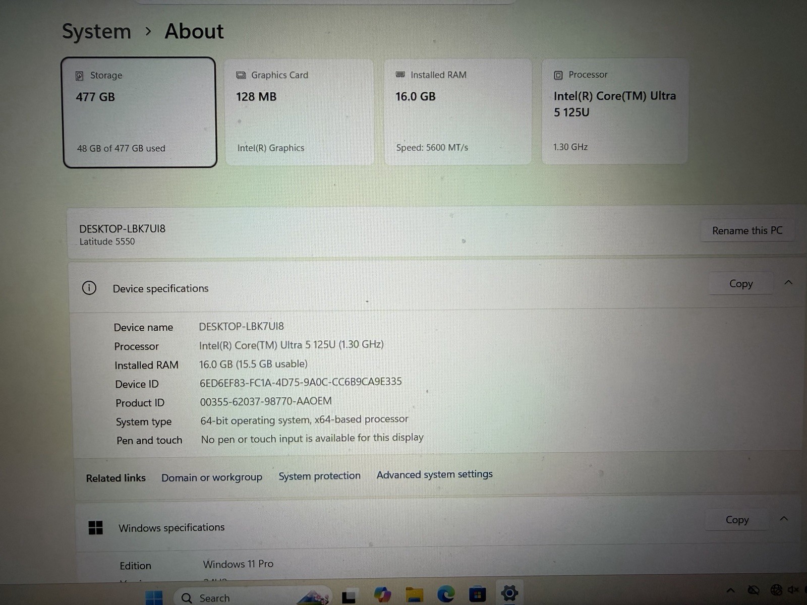 Dell Latitude 5550 Ultra 5 125U 16GB 477GB SSD 15″ W11P Gray