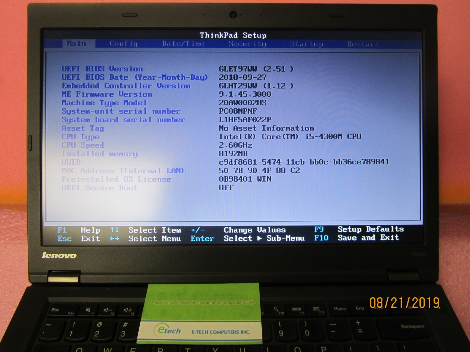 ThinkPad T440p i5-4300M 8GB 500GB HD 14.0 HD+ Windows 10 Pro64, PN 20AW0002US