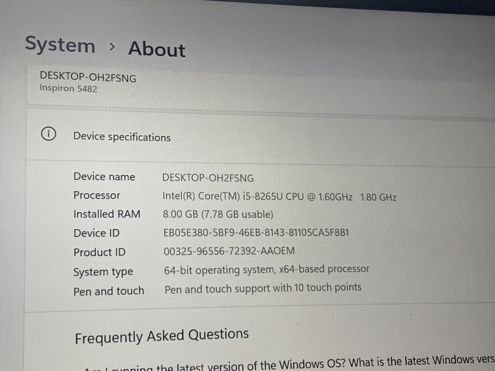 DELL INSPIRON 5482 i5-8265U@ 1.60GHz 8GB RAM 256GB NVMe W11H TOUCH WAC *READ