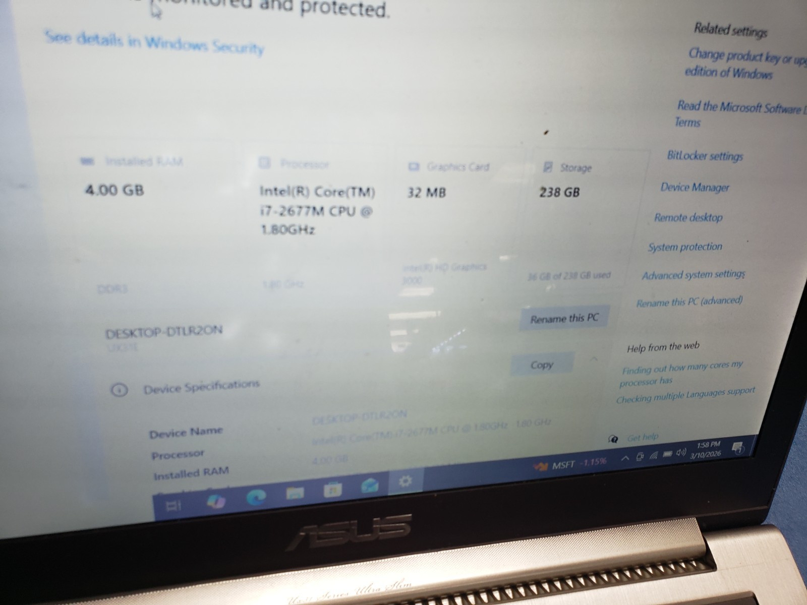 Asus ux31e laptop i7-2677 cpu 1.80ghz 4gb ram 256gb ssd for parts