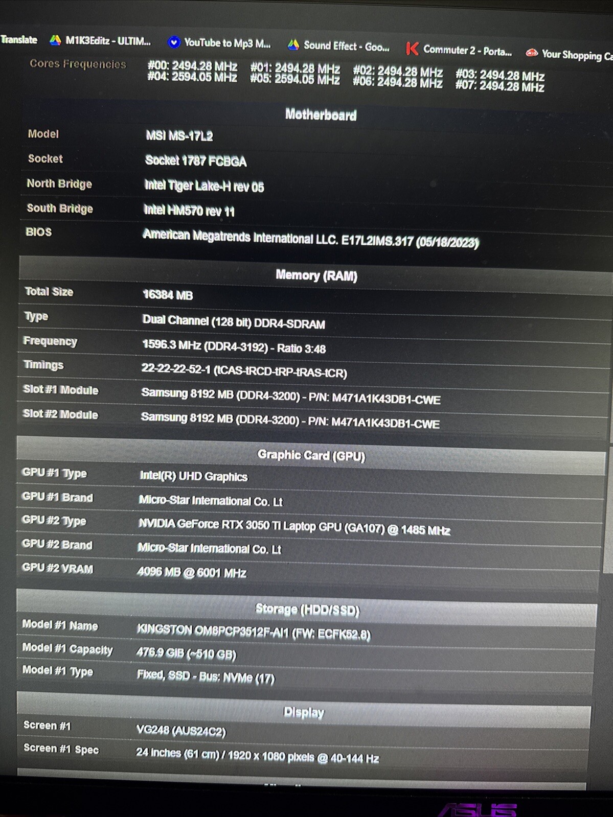 MSI Katana GF76 11UD-001 17.3″ (512GB SSD, Intel Core i7 11th Gen., 4.60 GHz,…