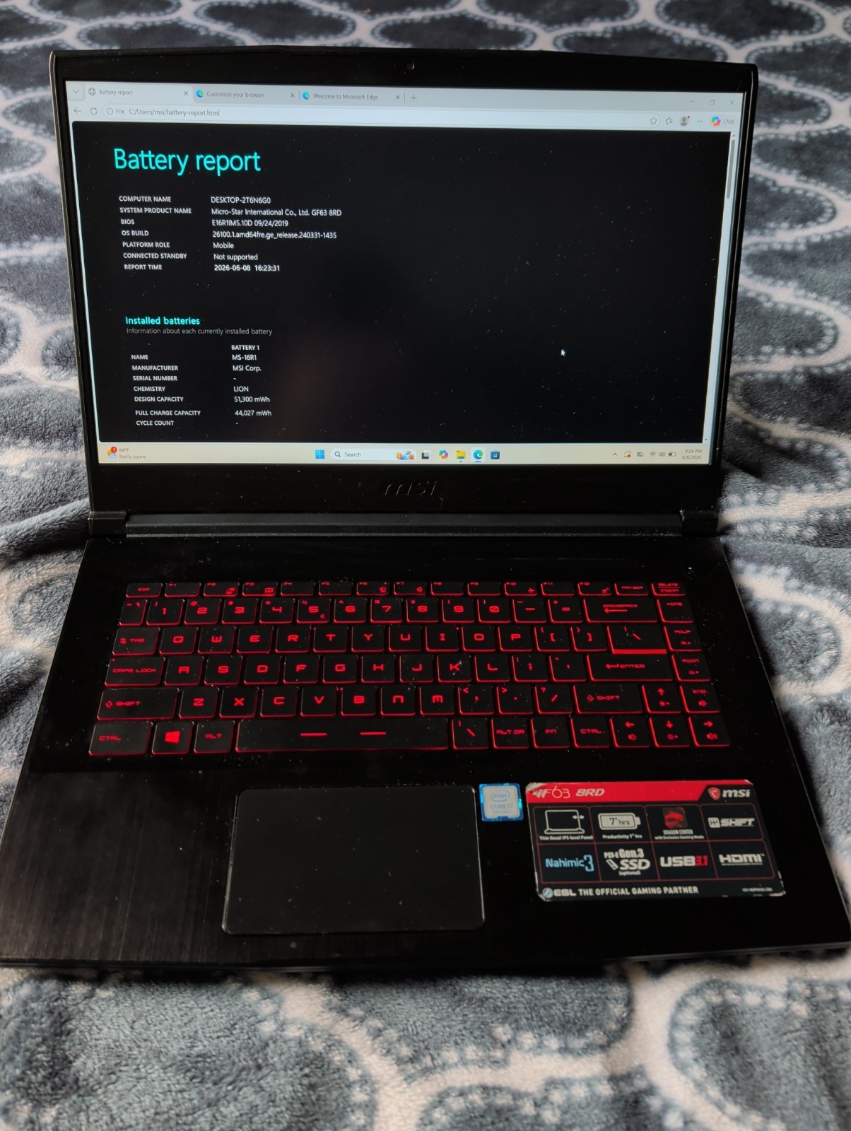 Gaming Laptop Msi GF 63 8RD I7 8th Gen 16GB RAM 1TB SSD Rtx 1050 Ti, 15.6 FHD.