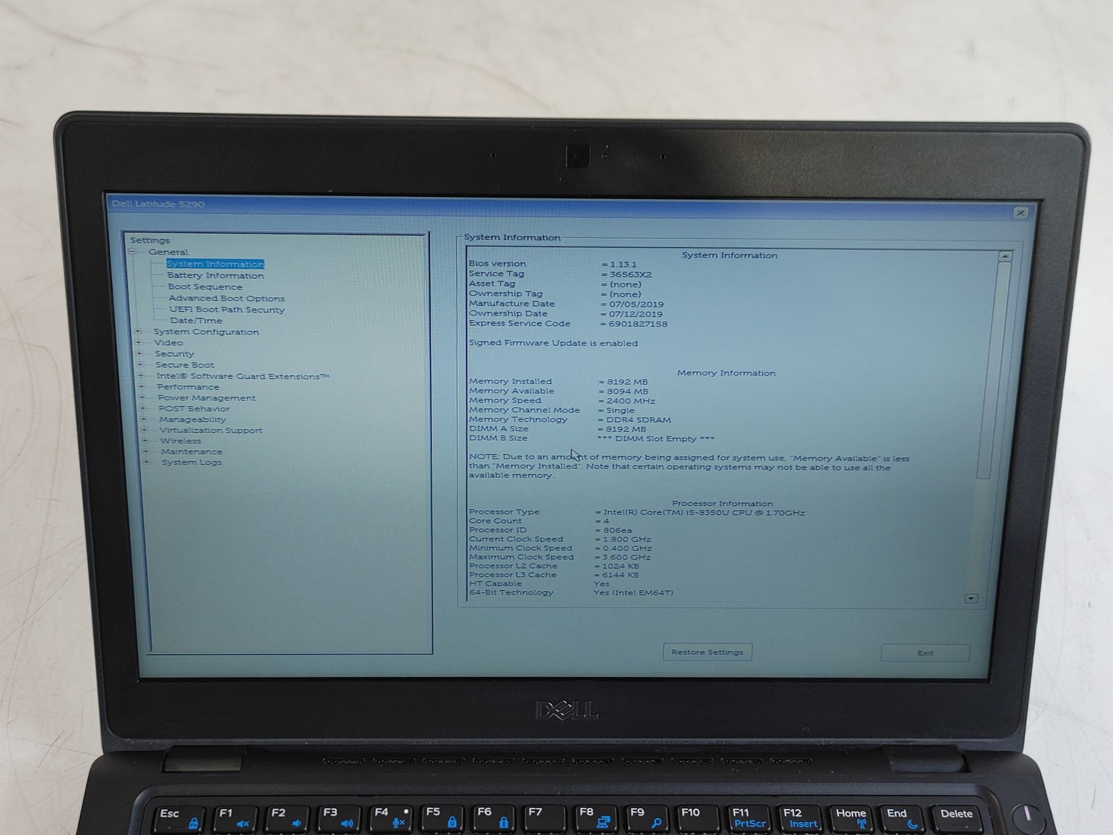 Dell Latitude 5290 Core i5-8350U 1.70 GHz 8 GB DDR4 No HDD