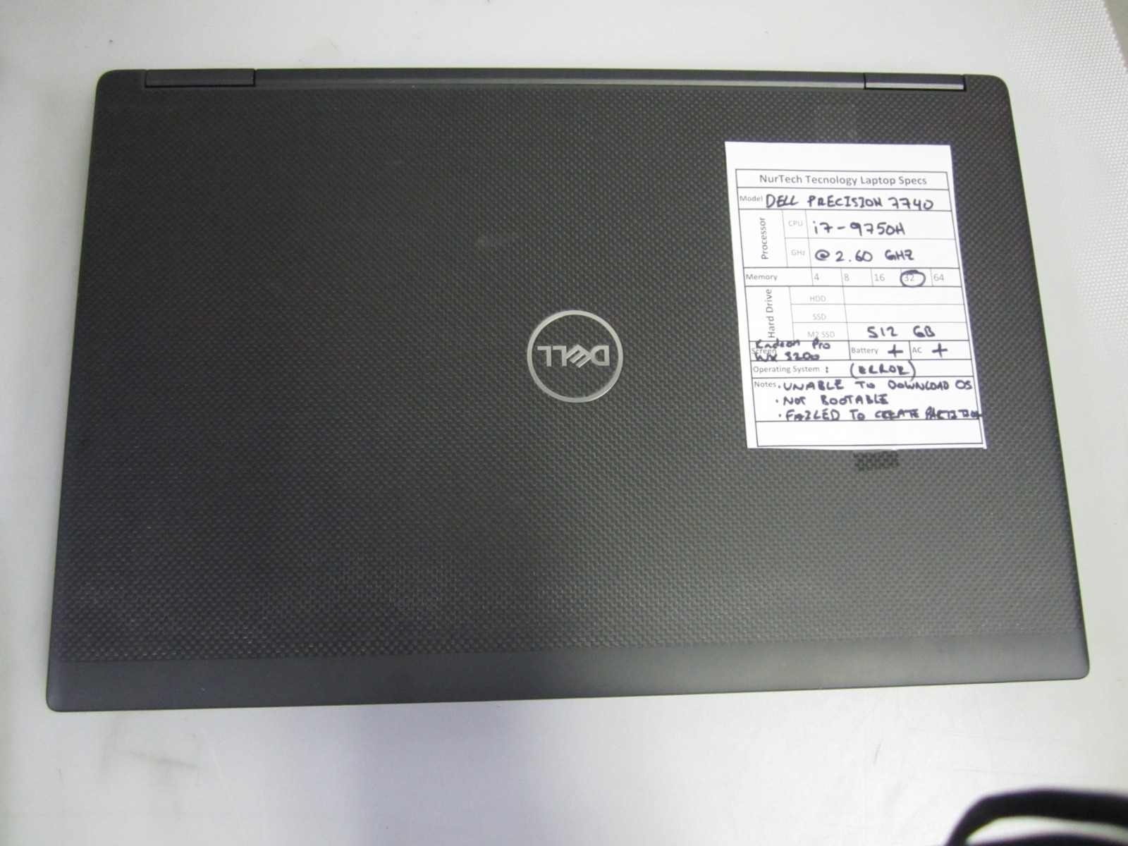 Dell Precision 7740 2.60GHz i7-9750H 32GB 512GB M2SSD WX 3200 Laptop w/ AC READ