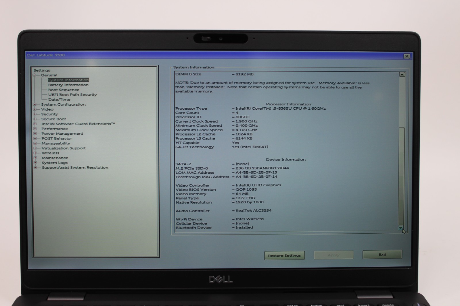 Dell Latitude 5300 | i5-8365U@1.60GHz | 256GB/16GB | No OS/Charger | Screen DMG
