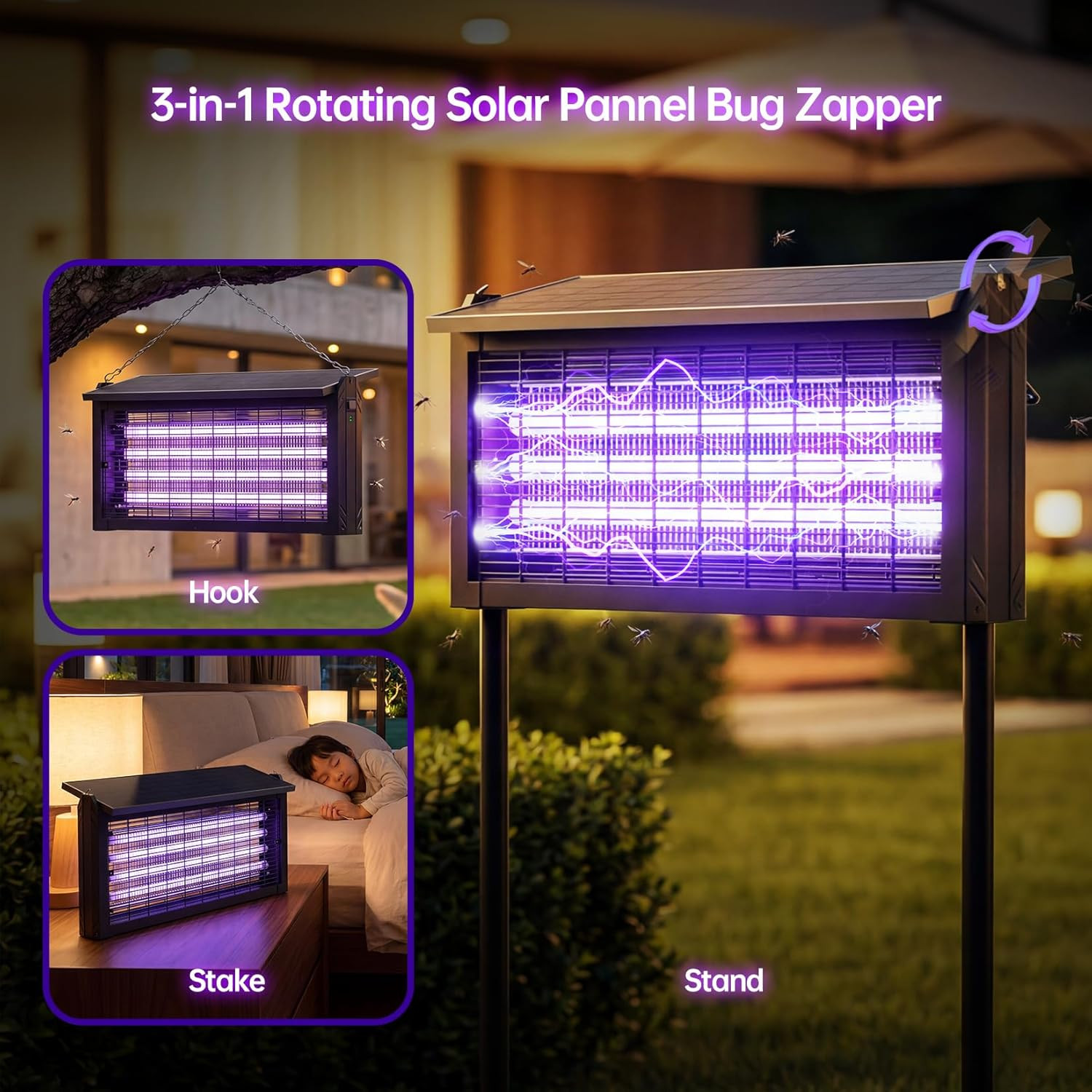 Solar Powered Mosquito Zapper, 4500V Outdoor Bug Zapper with 15W Solar Panel, Wa