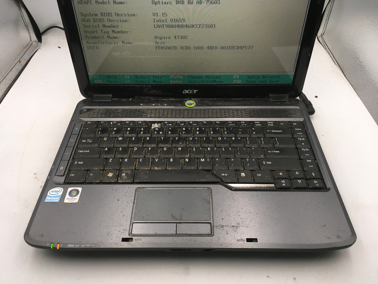 ACER ASPIRE 4730Z – BOOTS TO BIOS – INTEL PENTIUM T3400 – 1GB RAM -READ DESC- BB