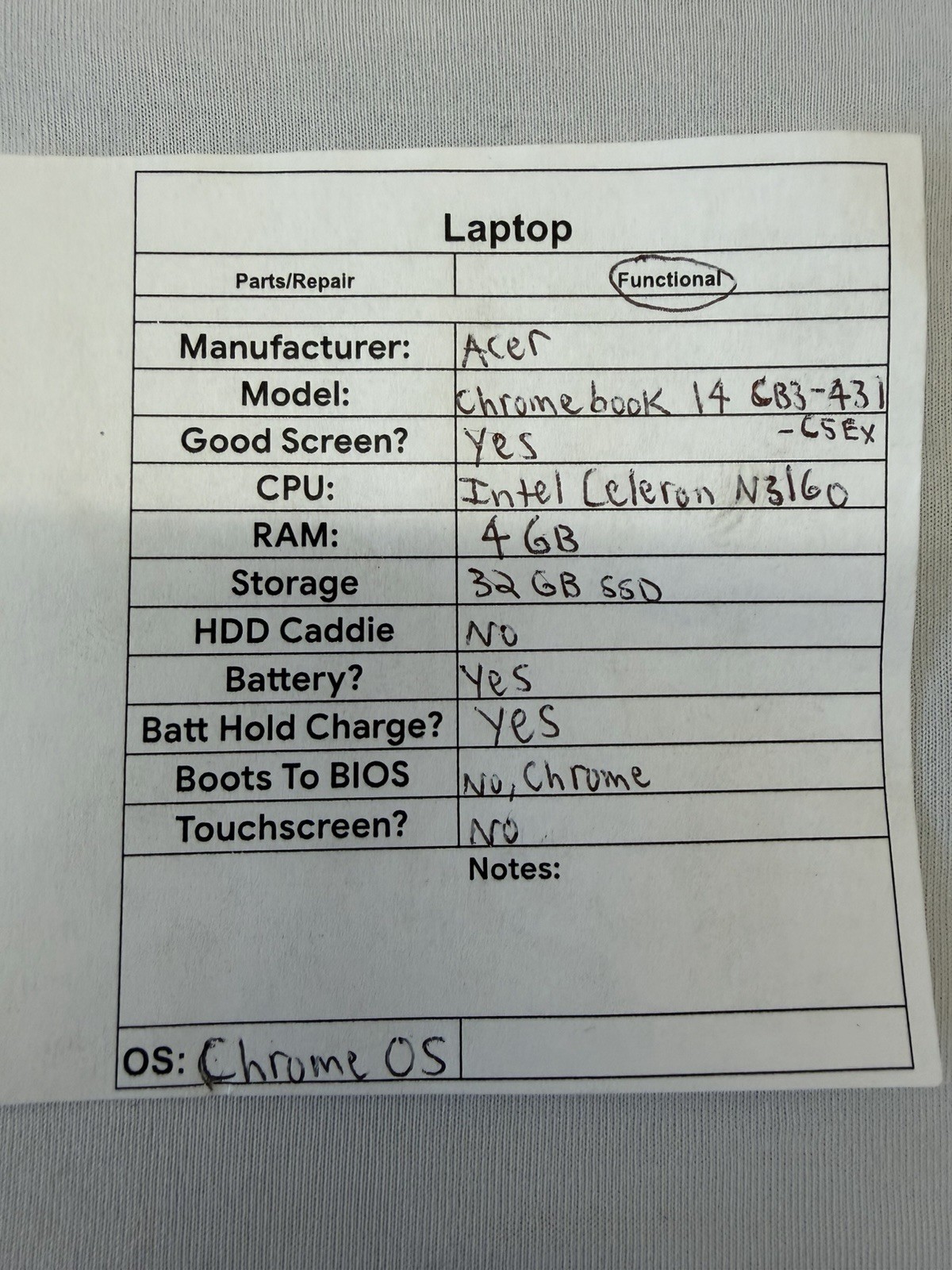 Acer Chromebook 14 CB3-431-C5EX Laptop – Intel Celeron N3160 – Read Desc