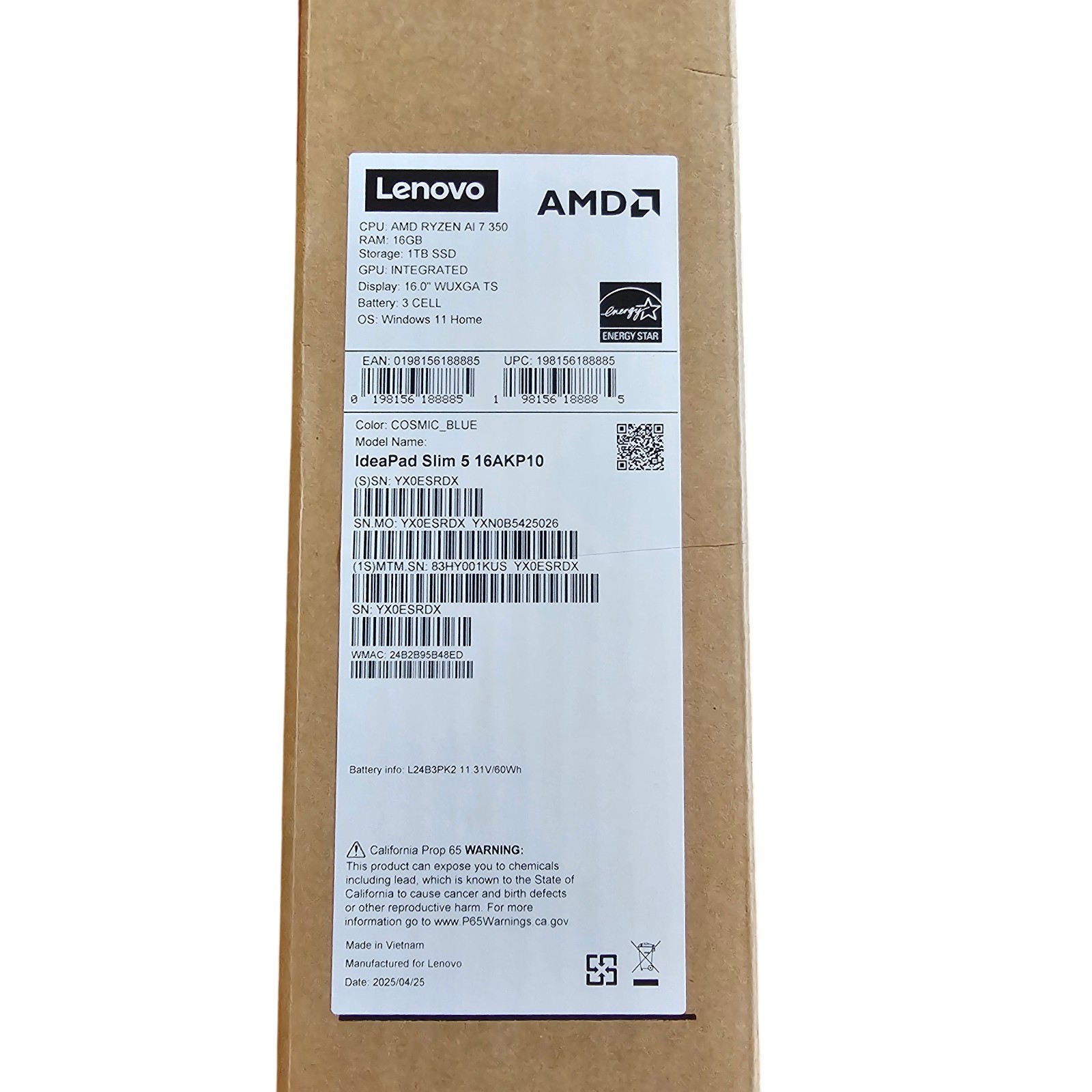 Lenovo IdeaPad Slim 5 16AKP10 16″ Touch Laptop Ryzen AI 7 350 16GB 5600MT – 1TB