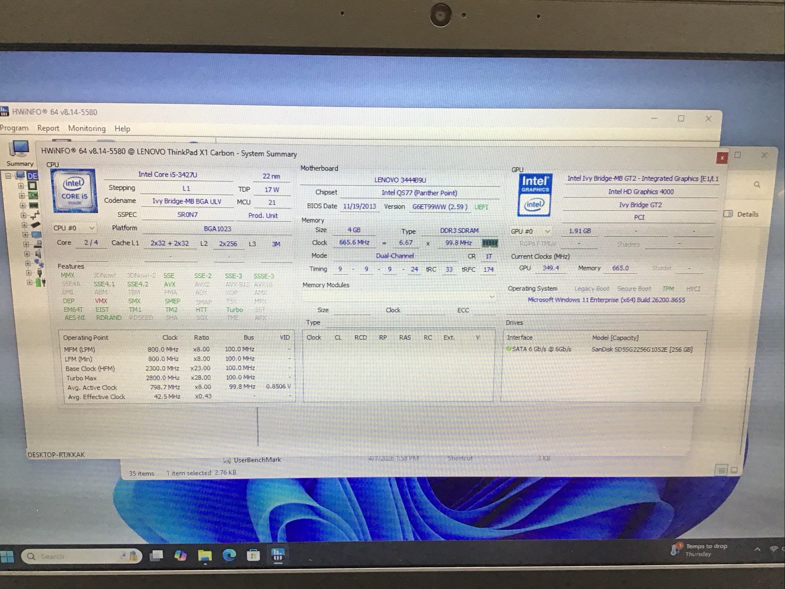Lenovo ThinkPad X1 Carbon (i5-3427U 1.80GHz, 4GB (2×2)DDR3, 256GB SSD, WIN 11 E)