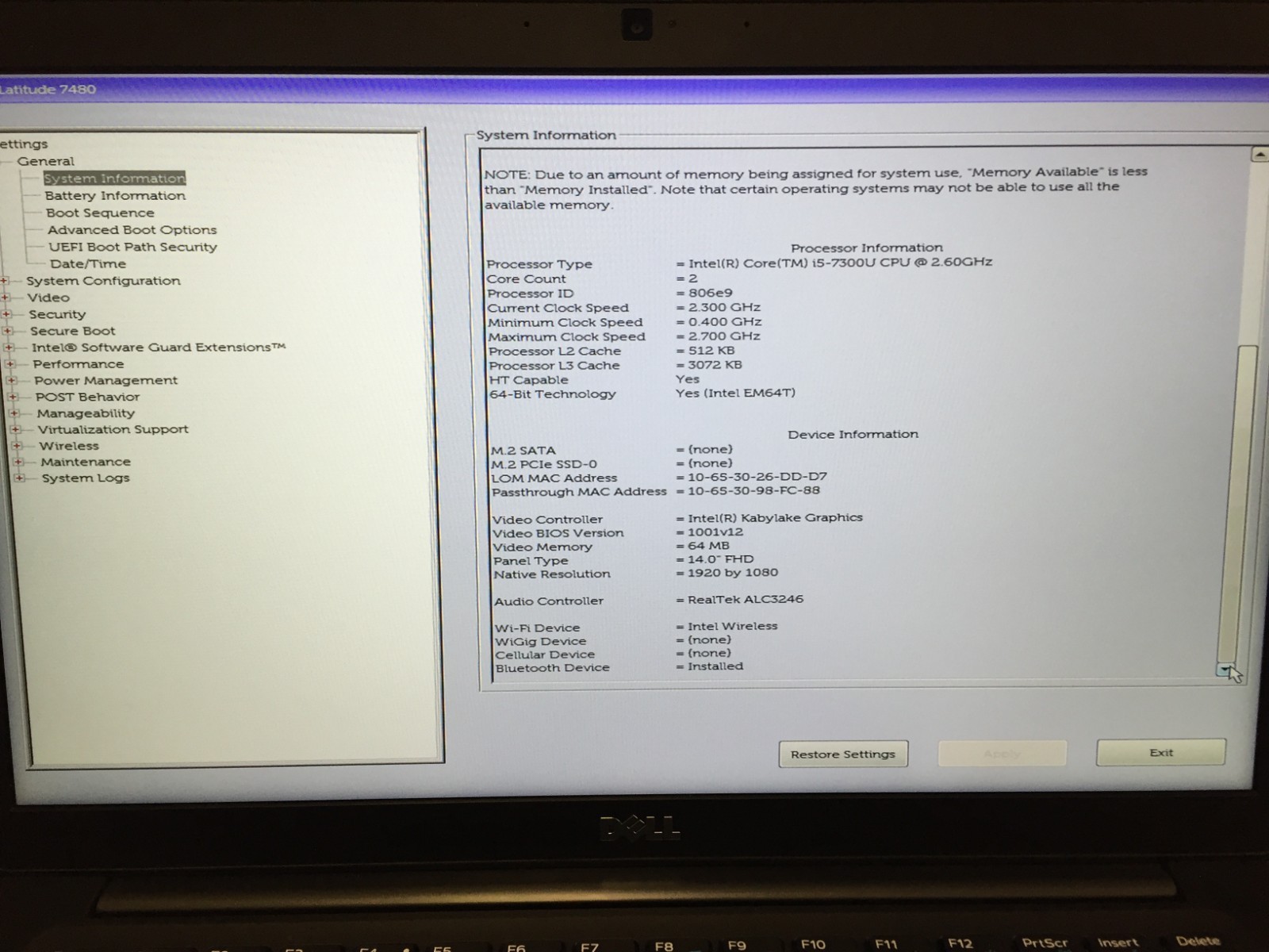 Dell Latitude 7480 14″ FHD Intel Core i5-7300U 1x16GB DDR4- NO SSD/AC/Battery