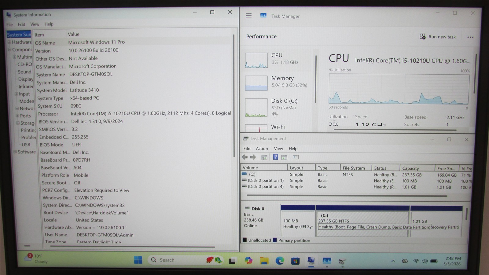 Dell Latitude 3410 i5-10210U 1.6GHz 16GB RAM 256GB NVME 14″ Win 11 Pro COSM DMG