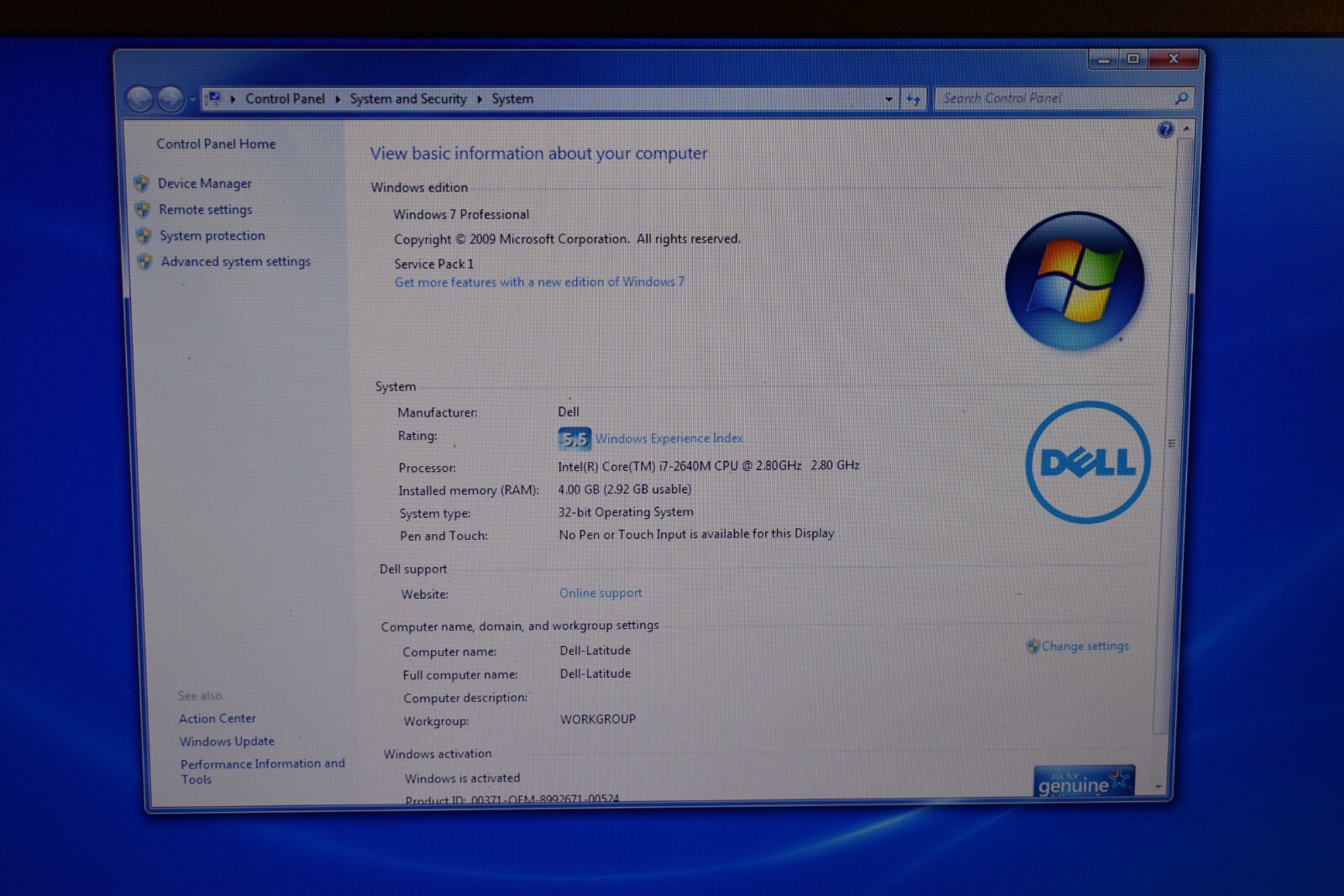 Dell Latitude E6520 Laptop Intel Core i7-2640M 128GB SSD Windows 7 Pro 32-bit