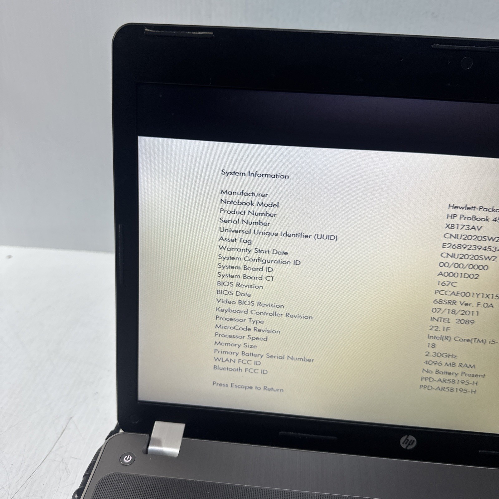 Hp Probook 4530s 15″ Laptop i5-2410m 4gb Ram No Drives No Battery Powers On