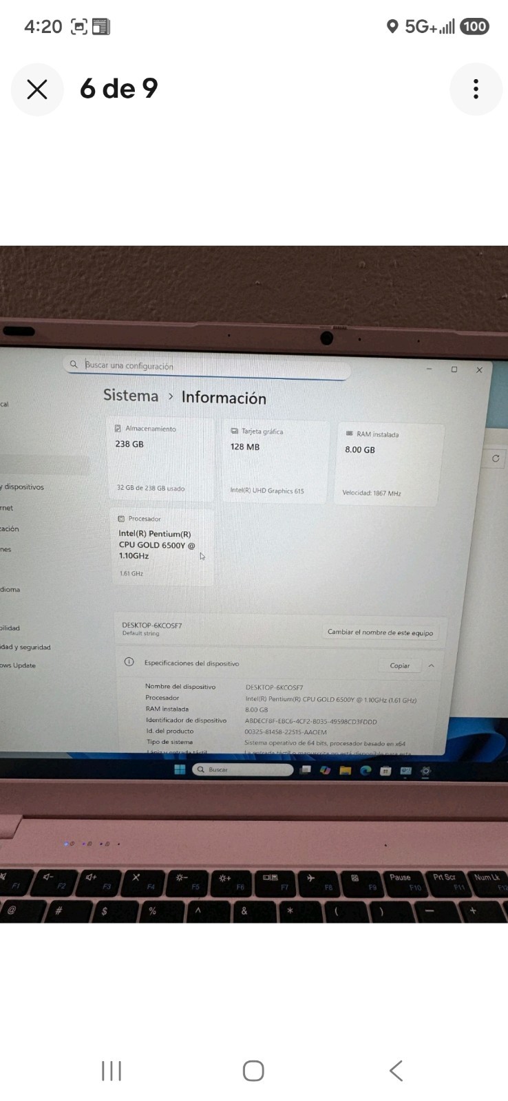 Pink 15.6″ Laptop Intel Pentium Gold 6500Y 8GB RAM 238GB SSD Win 11