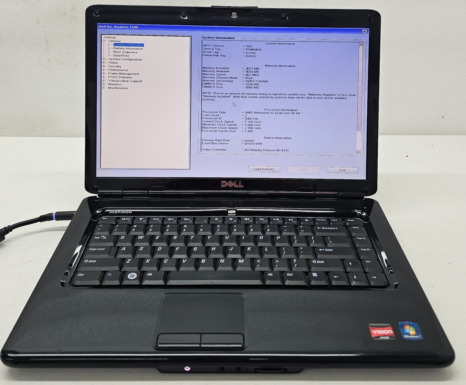Dell Inspiron 1546 Laptop AMD Athlon X2 Dual-Core QL-64 3GB Ram NO HD/OS (FL)
