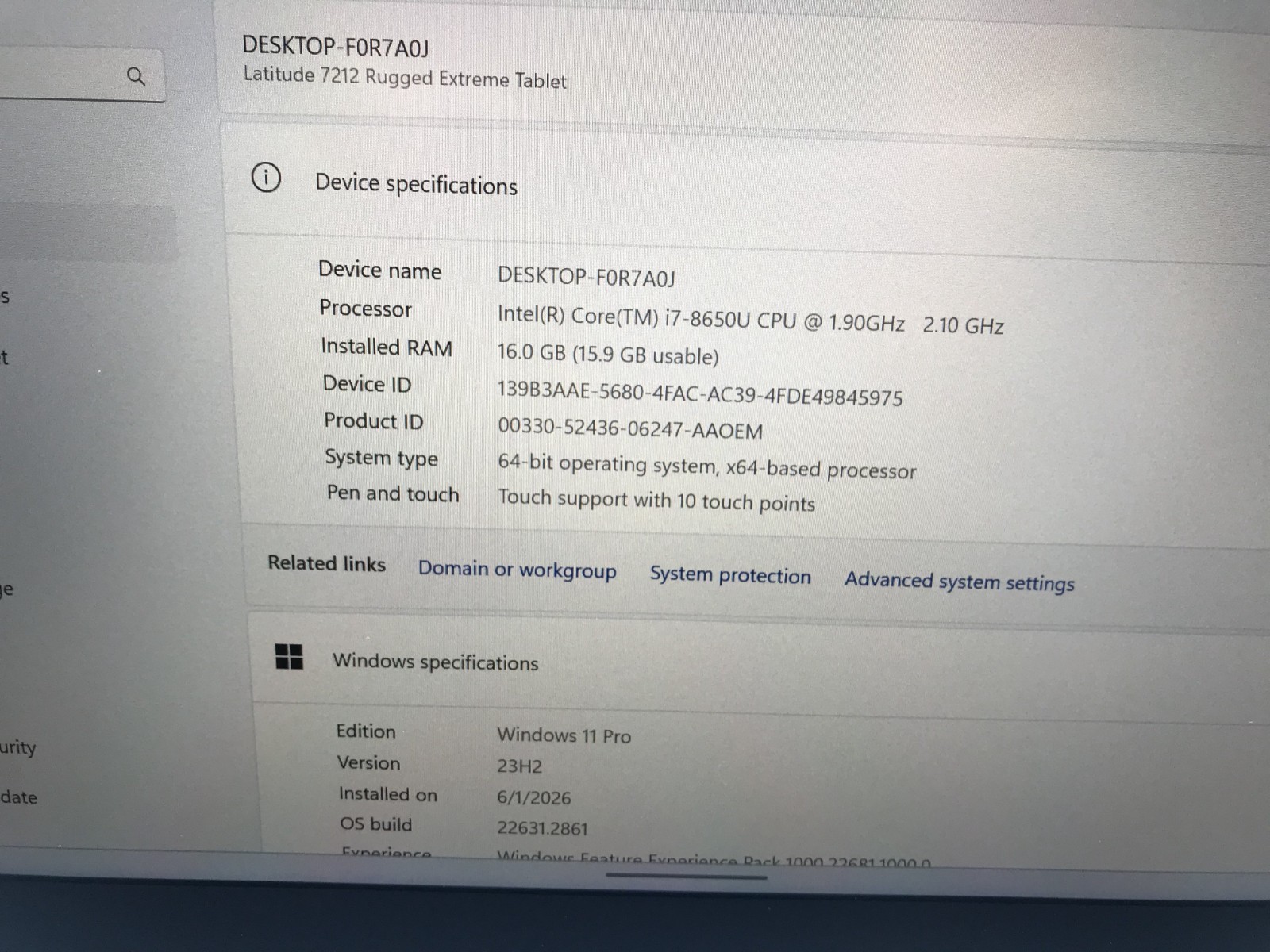 Dell Latitude 7212 Rugged 11.6″ Core i7-8650U 1.90GHZ 16GB RAM 256GB SSD Win 11