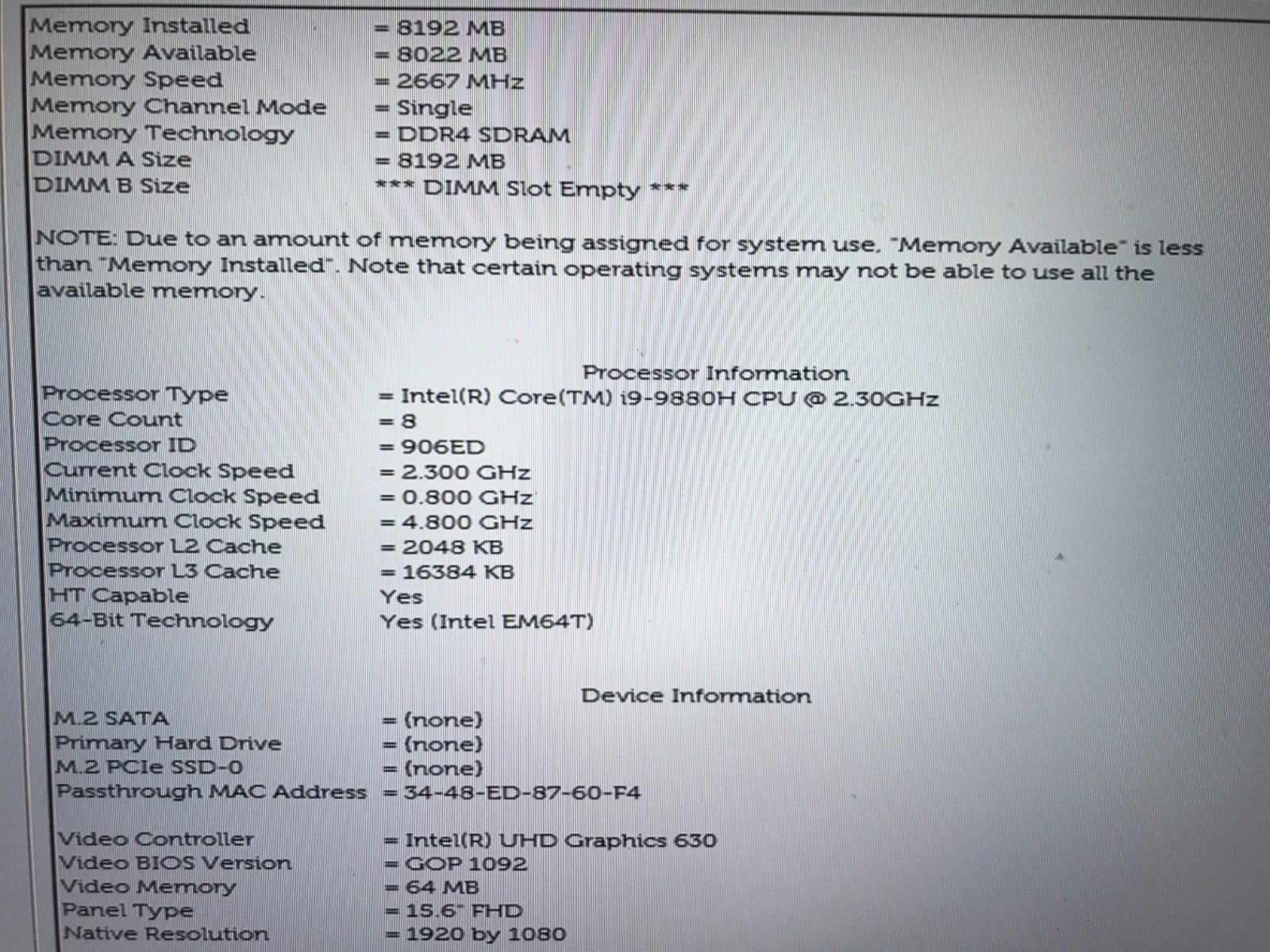 Dell Precision 5540 / Intel Core i9-9880H 2.30GHz / 8GB RAM / No SSD