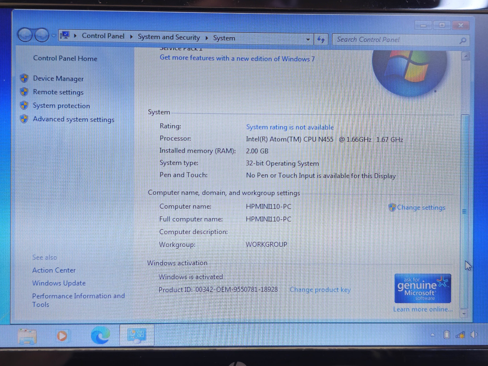 HP Mini 110-3830CA 10.1″ Atom N455 + 2GB + 120GB SSD Windows 7 Starter TESTED
