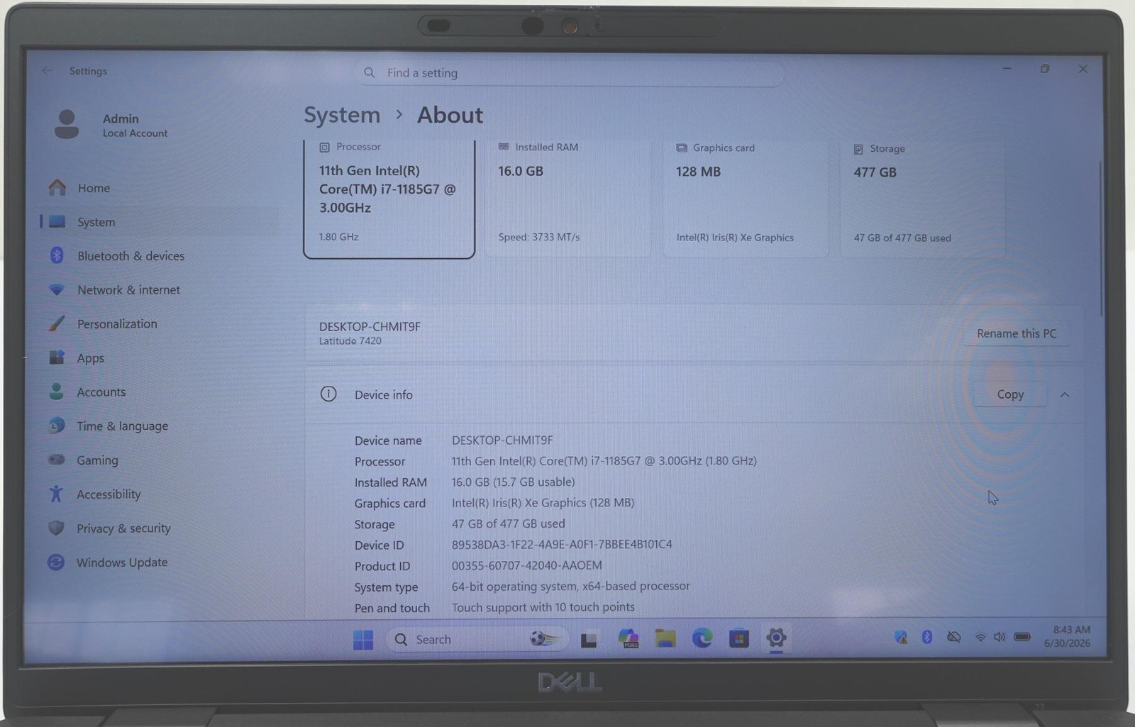Dell Latitude 7420 14″ Core I7-1185G7 3.00GHz 16GB 256GB SSD Laptop