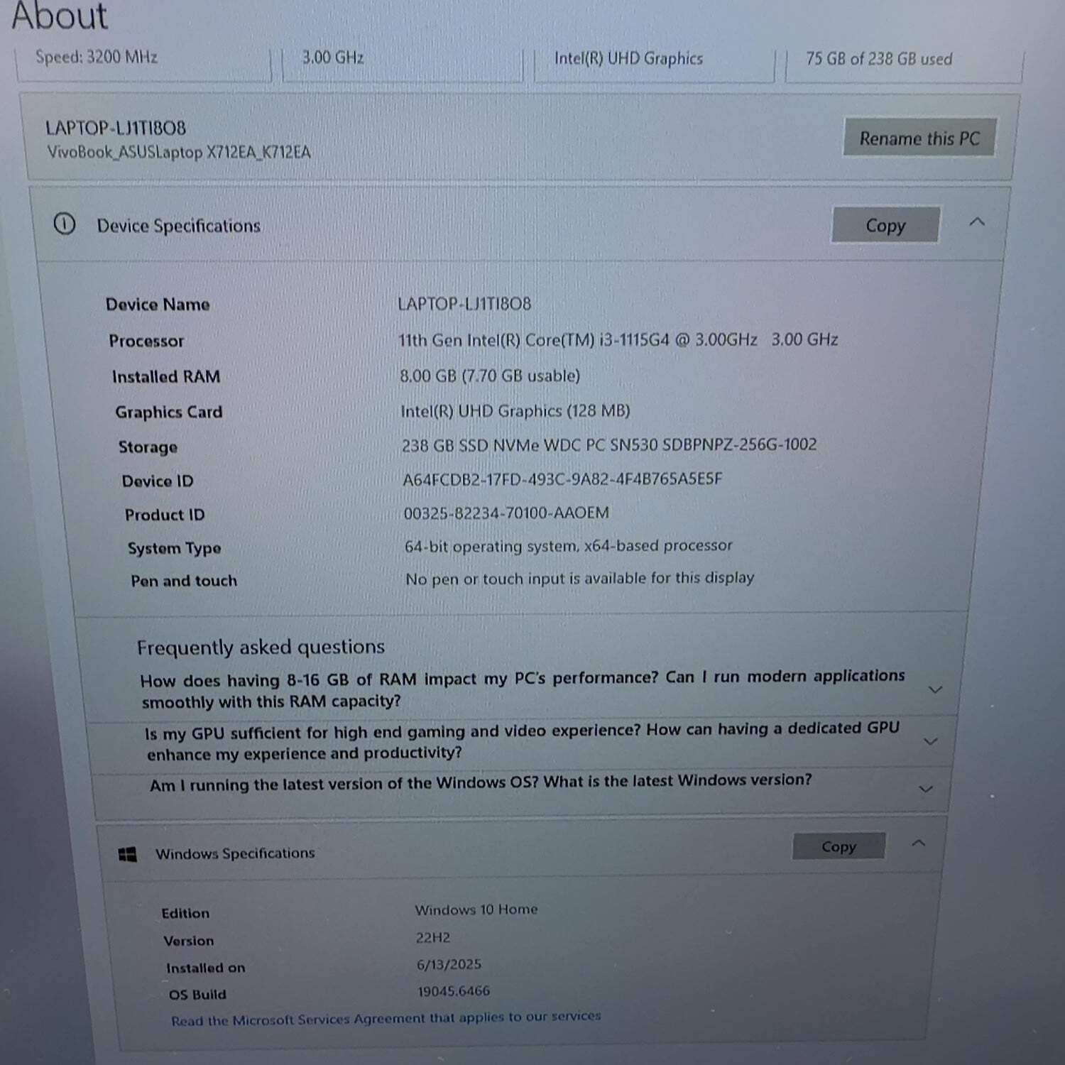 Asus Vivobook 17 K712E 17.3″ i3-1115G4 3.0GHz 8GB RAM 250GB SSD