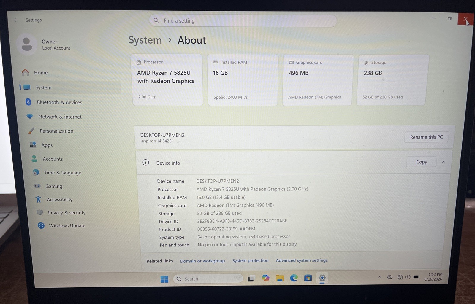 Dell Inspiron 14 5425 14″ AMD Ryzen 7 5825U@2.00GHz, 16GB RAM, 256GB M2 *READ*