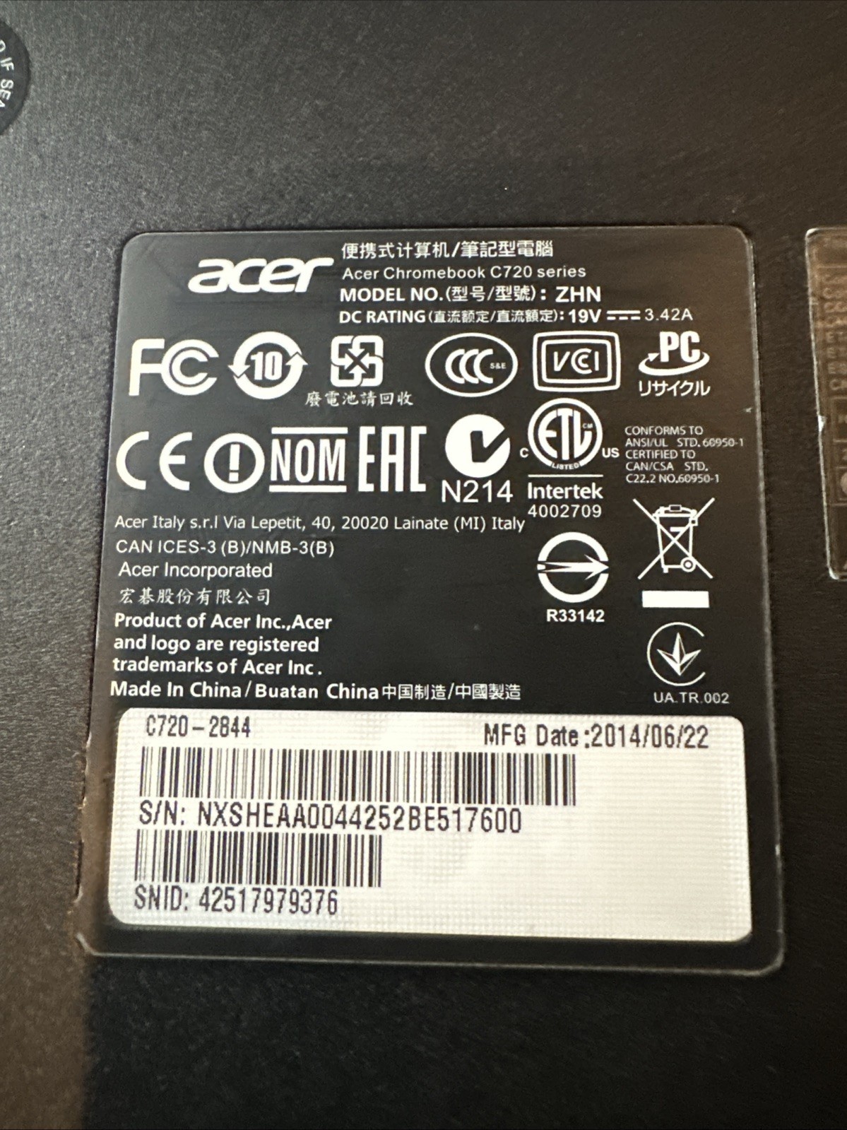 ACER CHROMEBOOK C720 ZHN – Untested