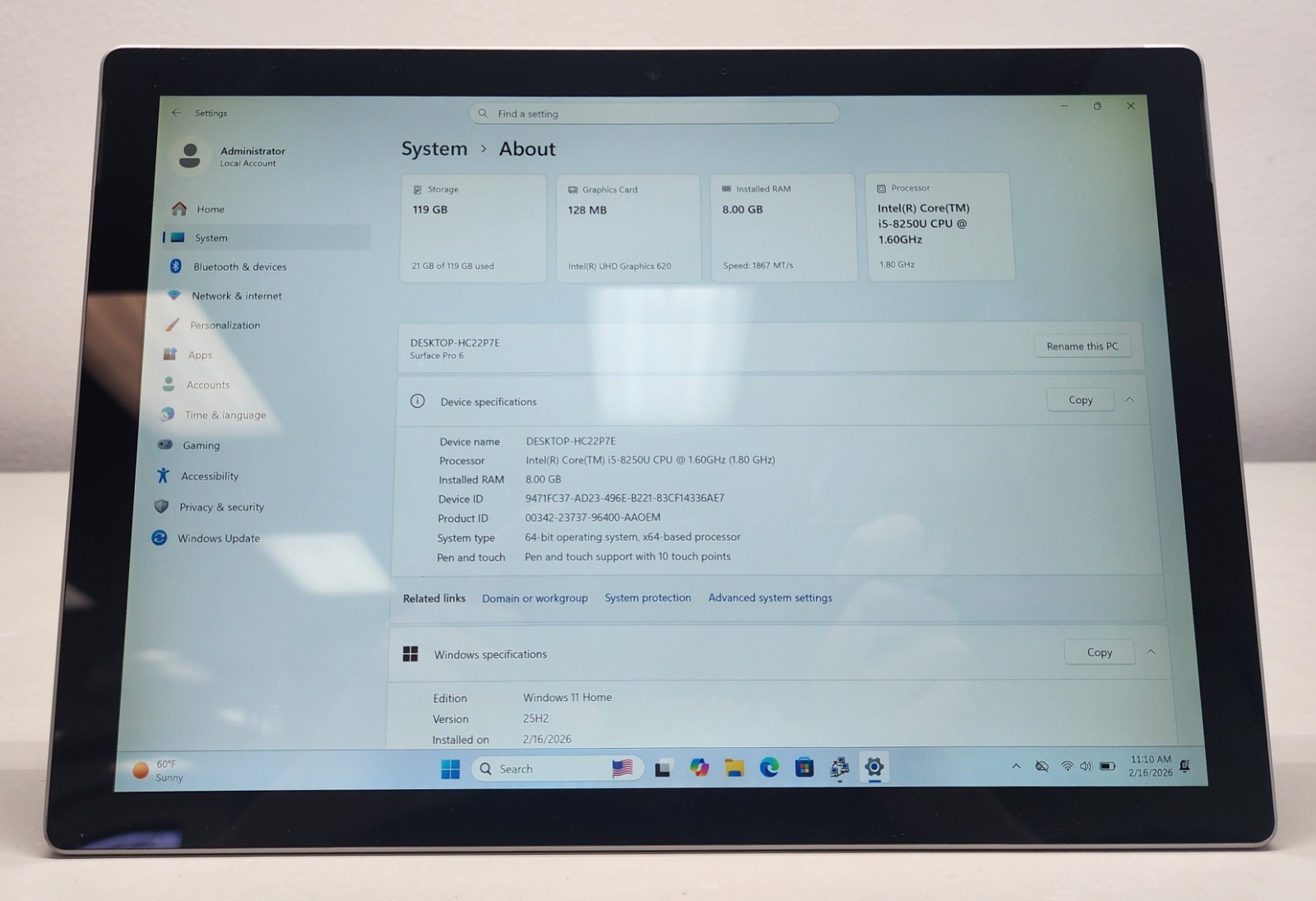Microsoft Surface Pro 6 12.3″ i5-8250U 1.60GHz 8GB RAM 128GB SSD Win 11 Pro READ