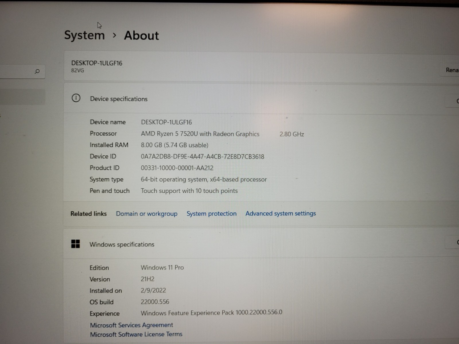 Lenovo ideapad 1 15AMN7 15.6″touch rayzen5 7520u 8gb ram 256gb ssd w11p MP2MKTE2