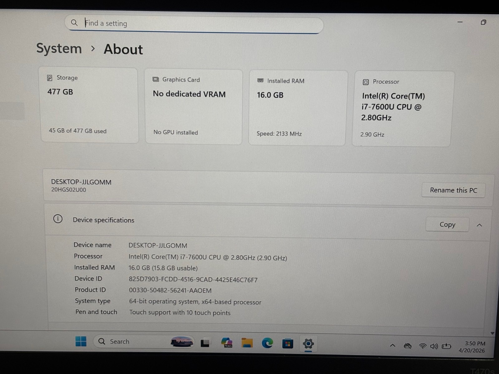Lenovo ThinkPad T470s 14″ i7-7600U 16GB 512GB SSD Windows 11 Pro Touch