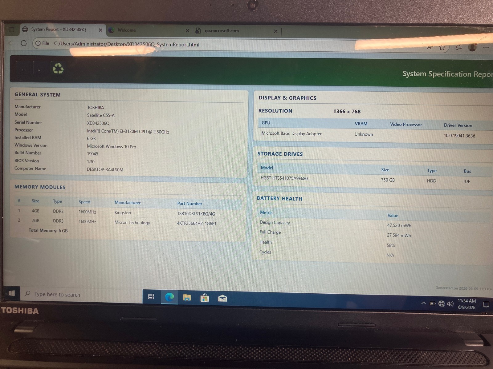 Toshiba Satellite C55-A5310 i3-3120M 2.5GHz 6GB 750GB HDD 15.6″