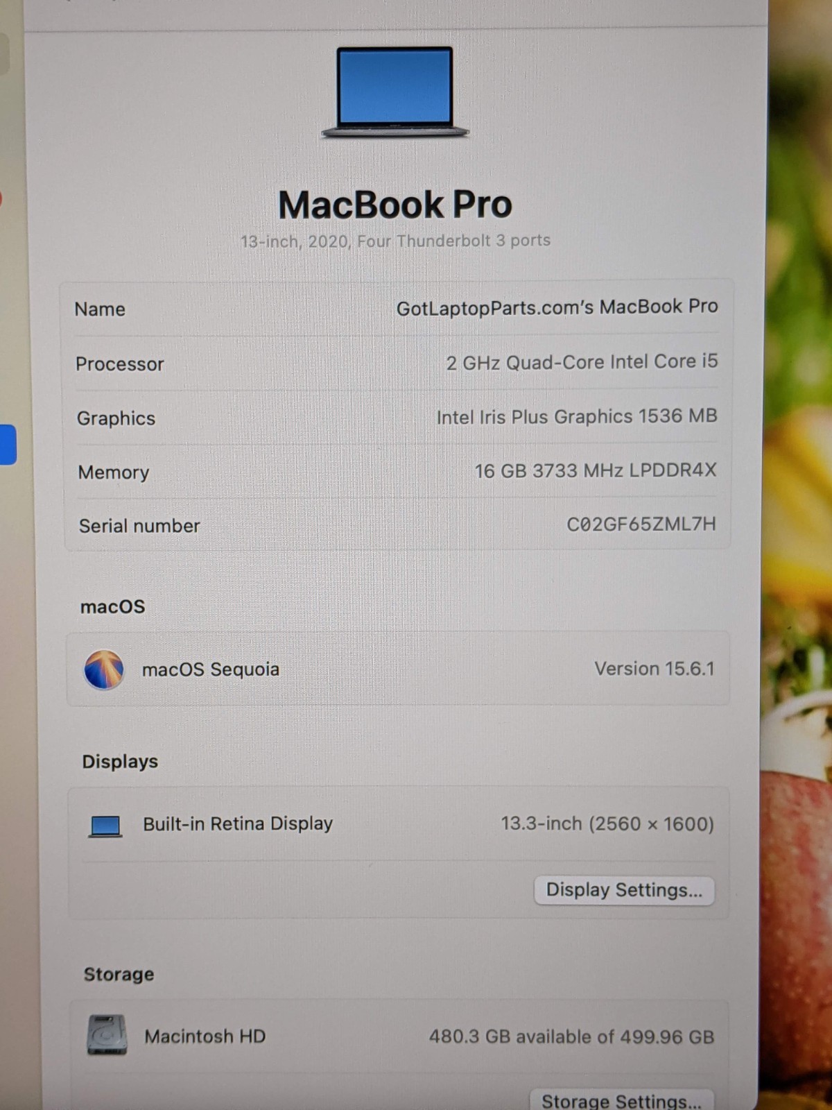 Apple MacBook Pro 13″ A2251 (2020) i5-1038NG7 2GHz 16GB 512GB SSD Sequoia +PA