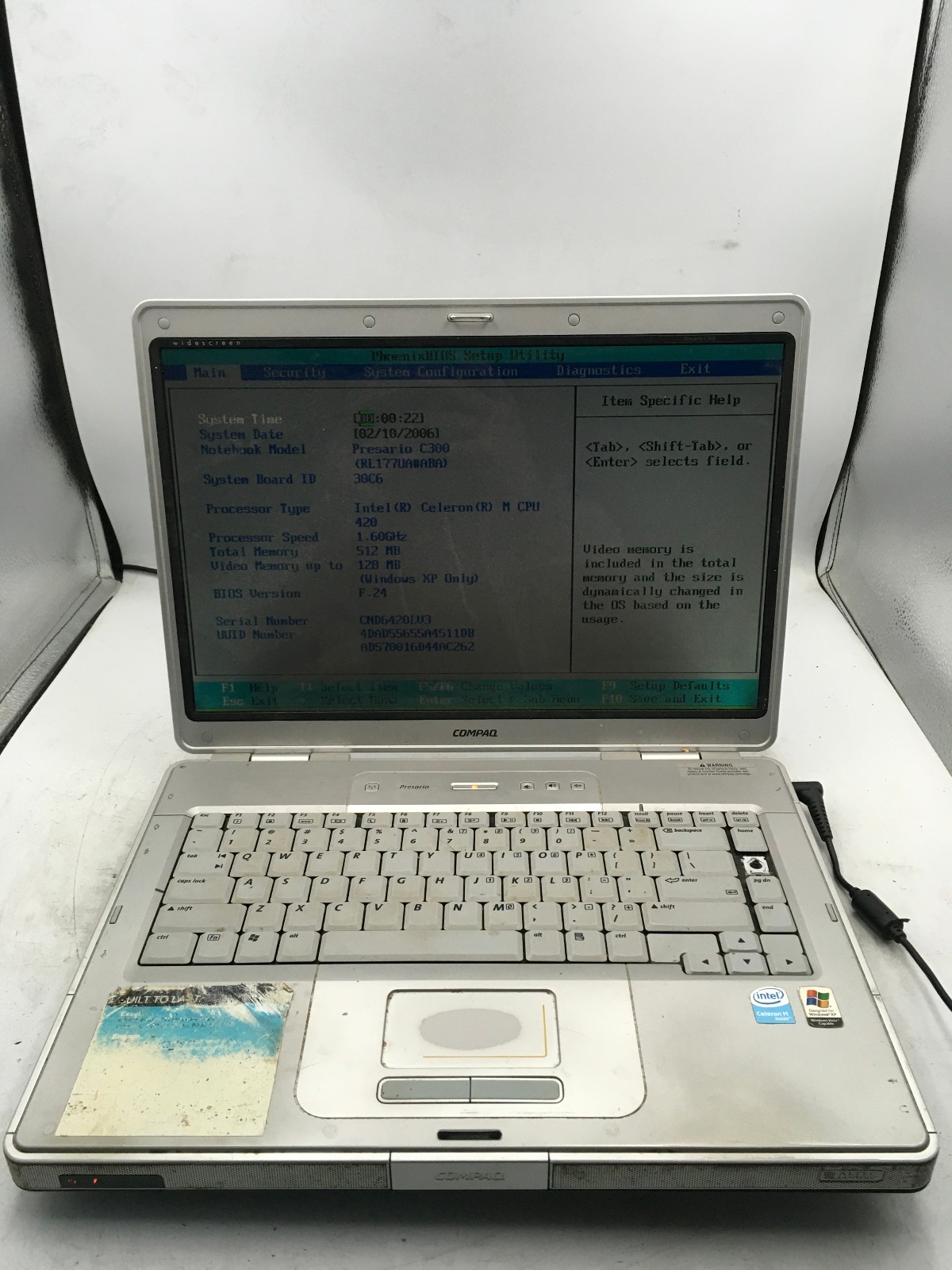 HP COMPAQ PRESARIO C300 – BOOTS TO BIOS – INTEL CELERON M – 512MB RAM – READ -BB