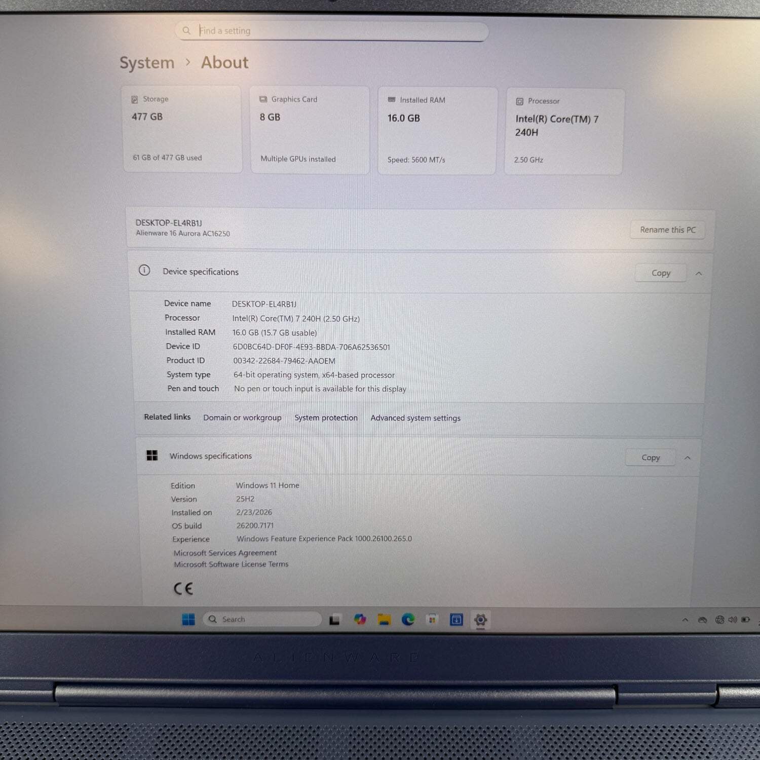 Alienware 16 Aurora 16″ Core 7 240H 2.5GHz 16GB RAM 512GB SSD RTX 5050 Open Box