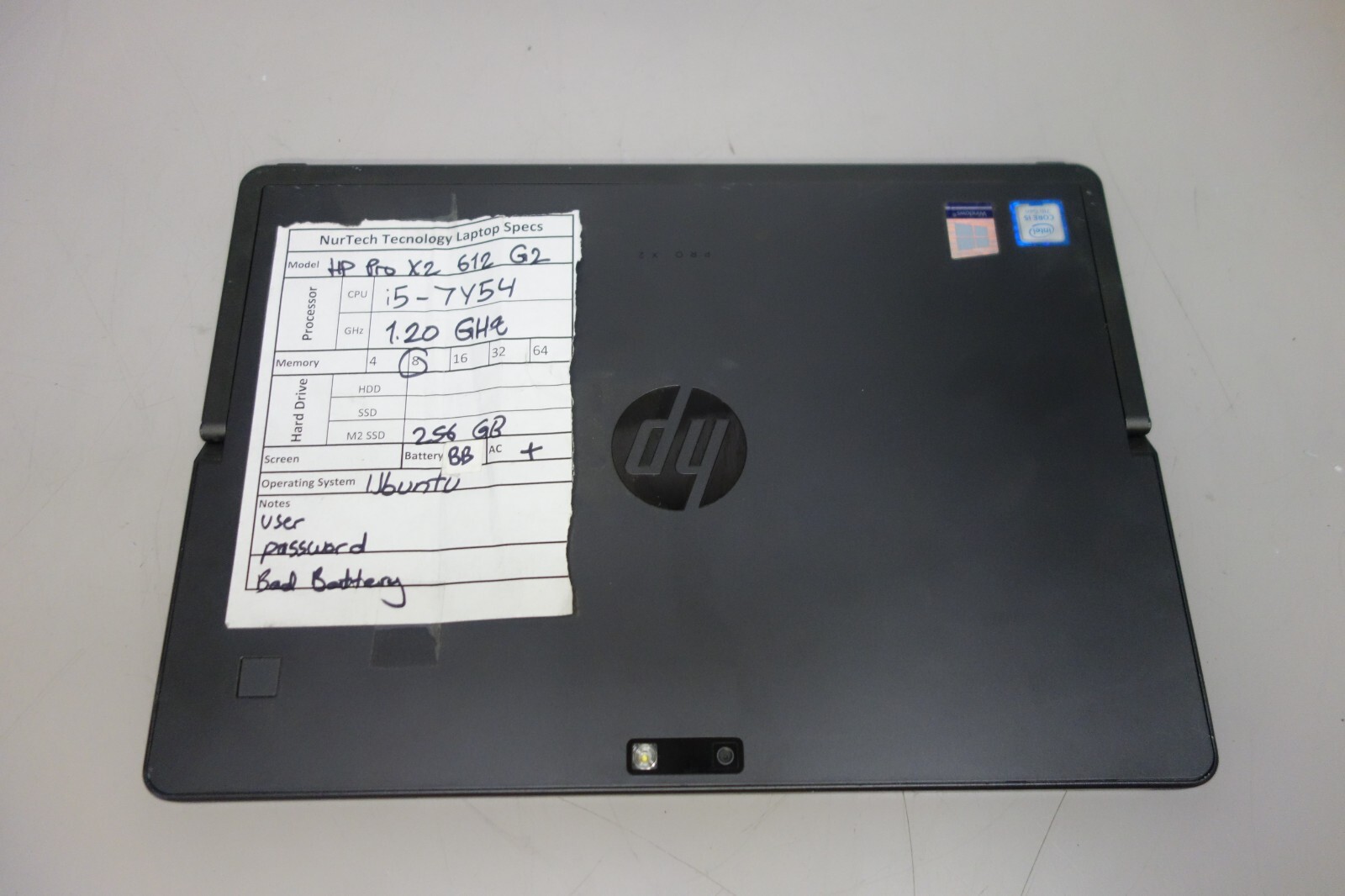 HP Pro x2 612 G2 12″ i5-7Y54 1.2GHz 8GB/256GB m2 SSD UBUNTU Tablet [BAD BTRY]AC