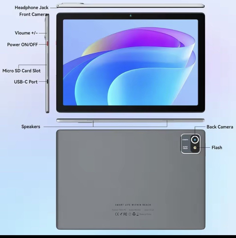 MB1001 Tablets 10.1″ 1080P HD Display 2MP+5MP Camera 6GB RAM 64GB ROM