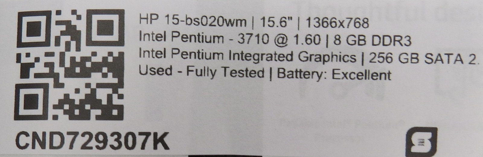 HP 15-bs020wm | Pentium-3710 @ 1.60GHz | 8GB DDR3 | 256GBSATA SSD | No OS