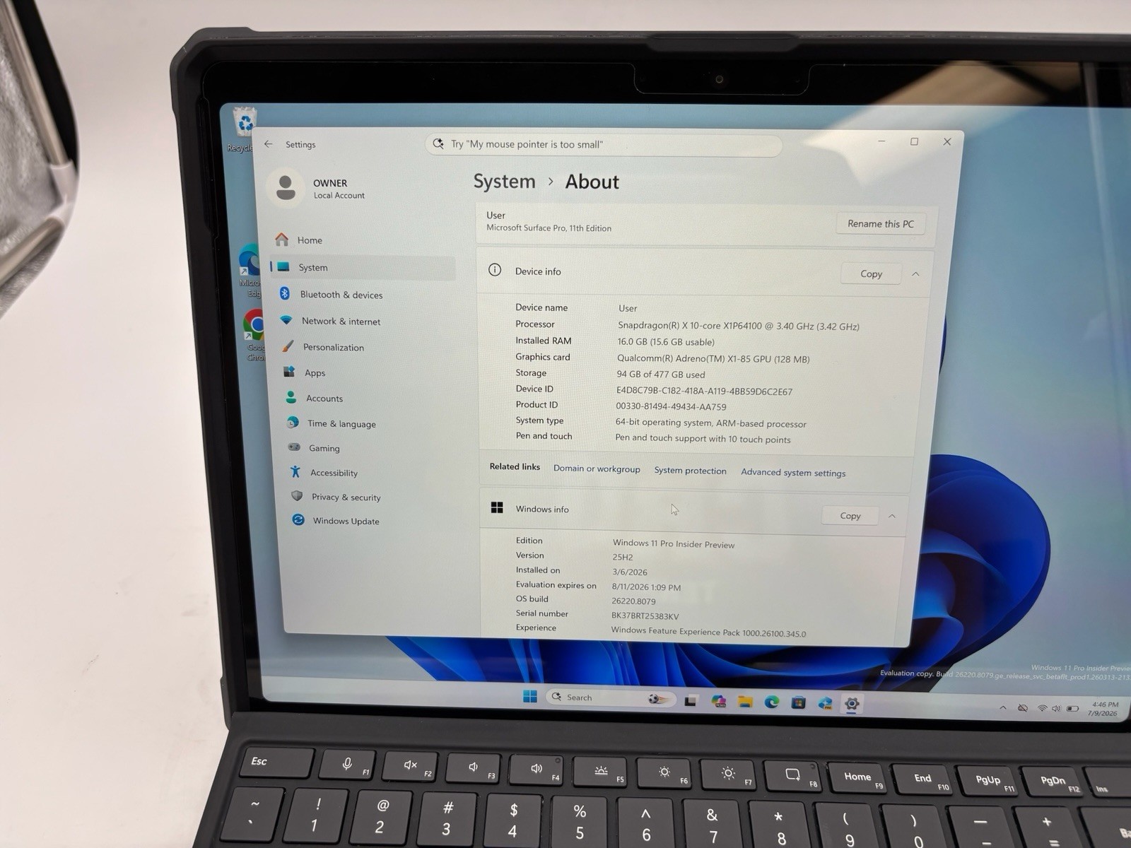 Microsoft Surface Pro 11 th Ed 13″ 512 GB SSD 16 GB RAM Snapdragon X 10-Core