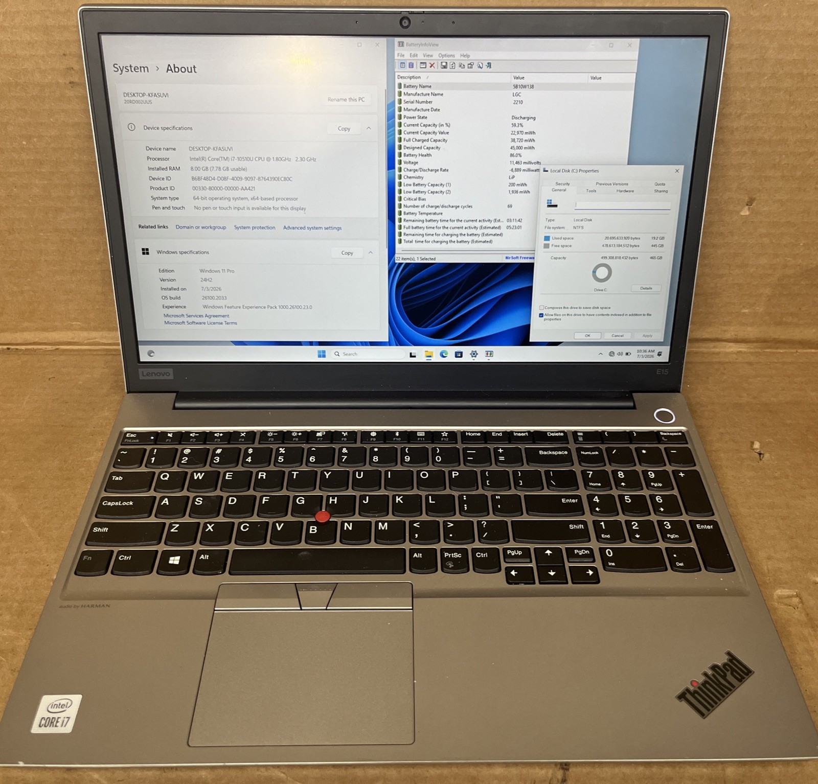 Lenovo ThinkPad E15, Intel i7-10510 @1.80GHz, 8GB RAM, 500GB SSD, W11P