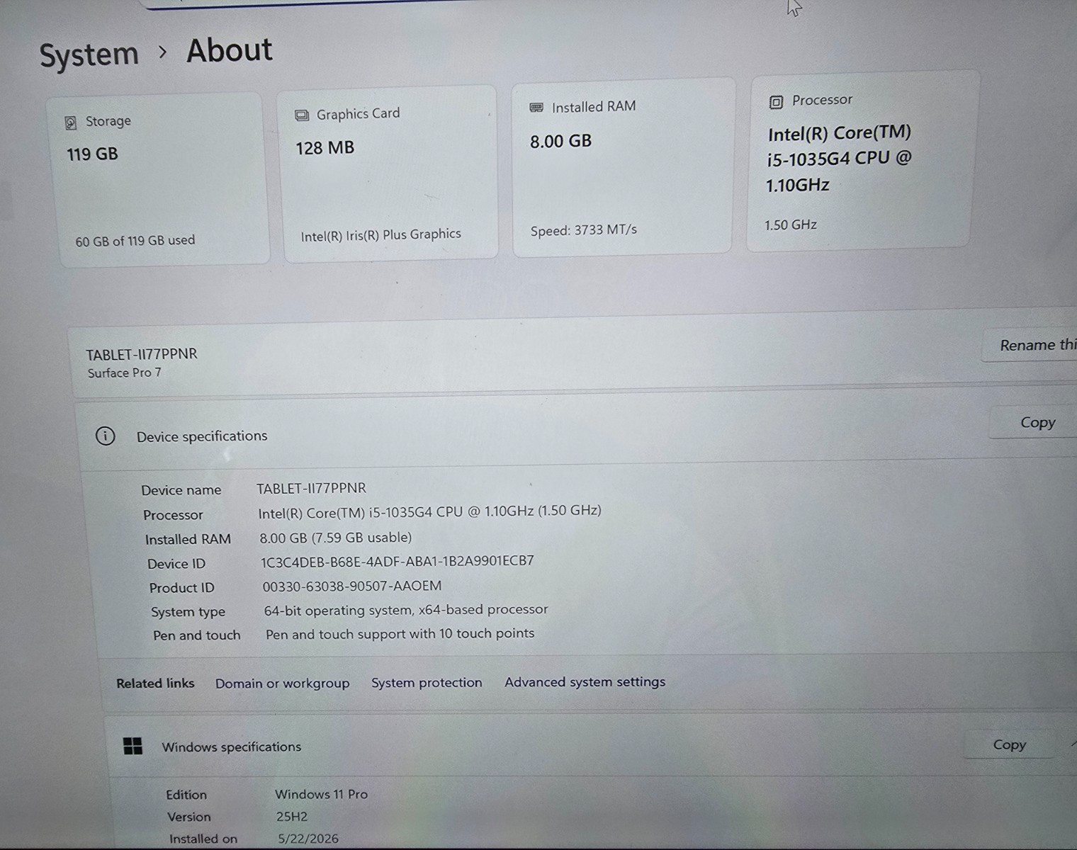 Microsoft Surface Pro 7 128GB SSD, 8Gb RAM, 12.3″, Win 11 Pro, 84% Batt. Health