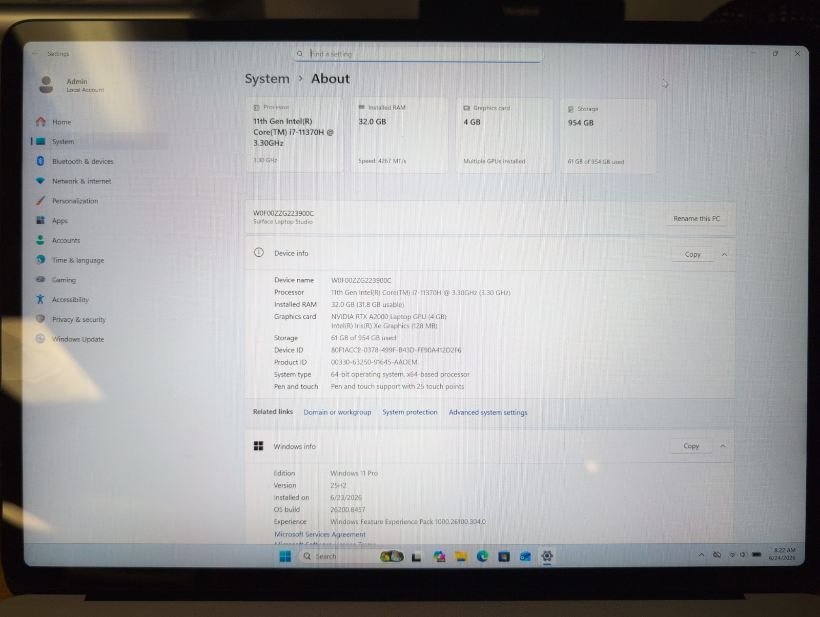 USED, NO CHARGER Surface Laptop Studio (1TB SSD, 32GB RAM, i7-11370H, 3.3GHz)