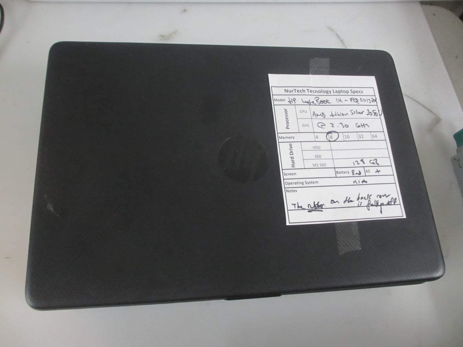 LOT 4 HP Laptop 14-FQ0013DX Athlon Silver 3050U 2.3GHz 8GB 128GB BAD BTRY + AC