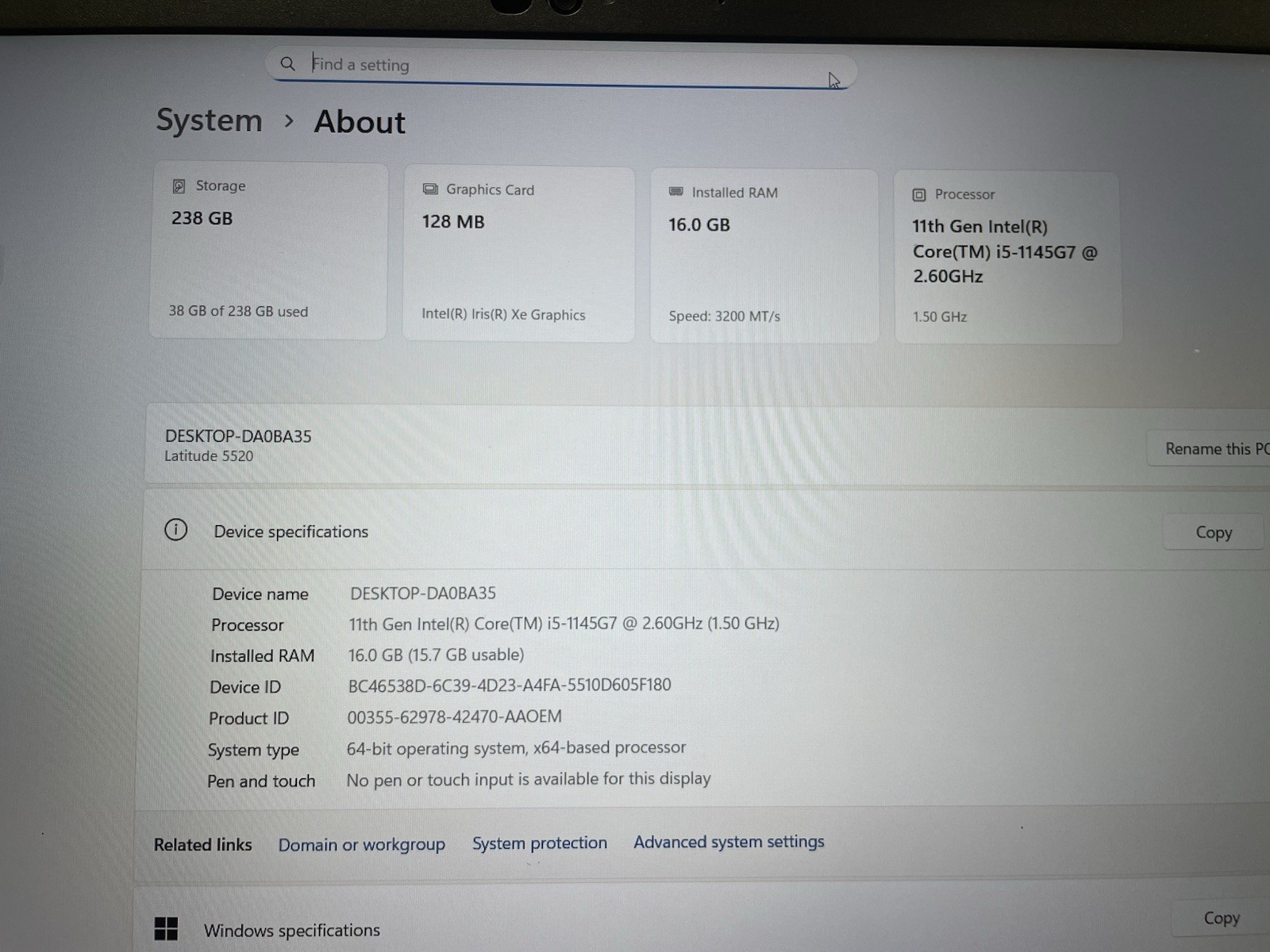 Dell Latitude 5520 256gb Nvme Win 11 i5-1145G7 4 Core 2.60ghz 16gb RAM Webcam 8
