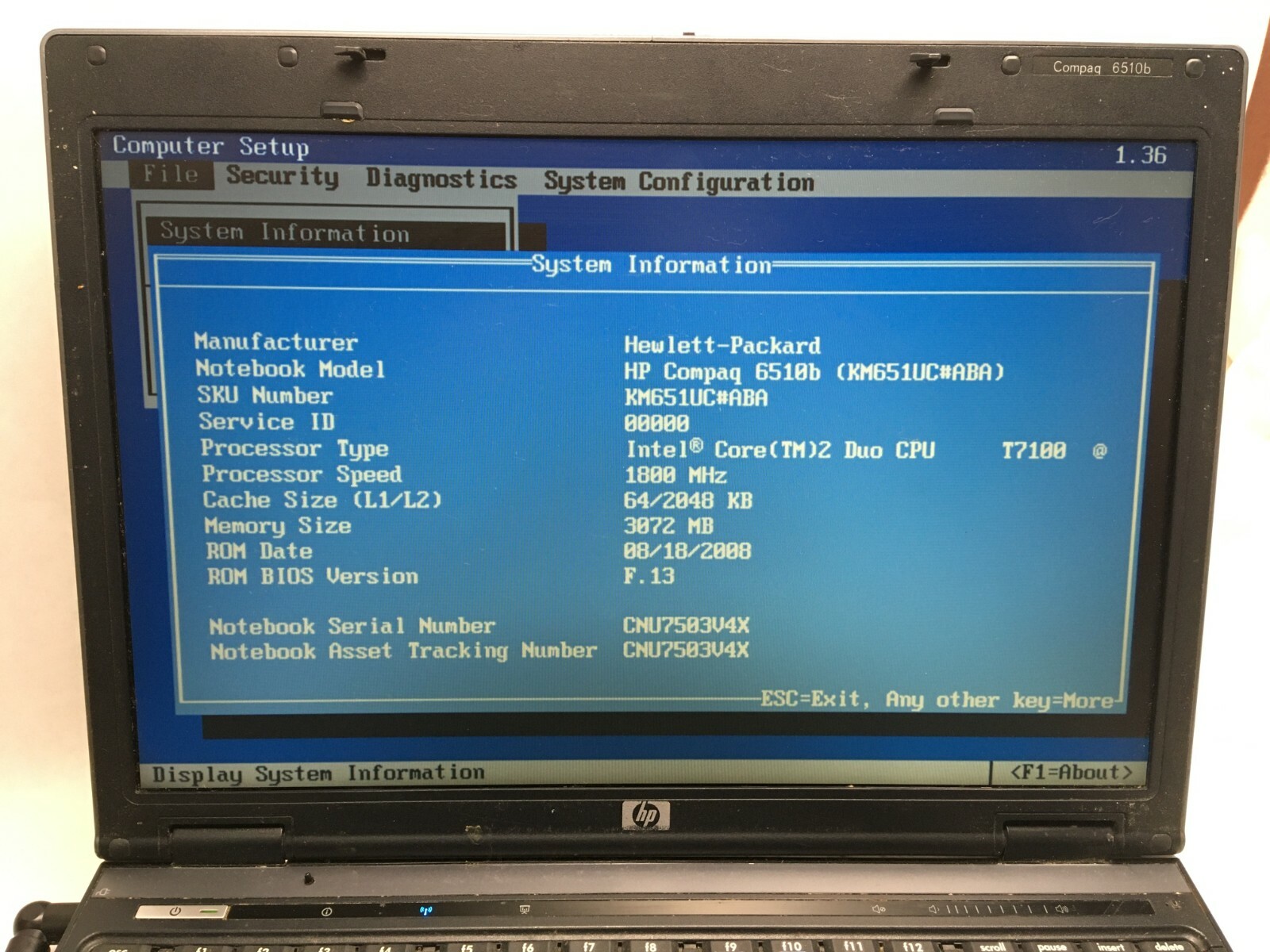 HP Compaq 6510b Core 2 Duo Laptop Boots to BIOS NO HDD/RAM/Battery/Charger JR